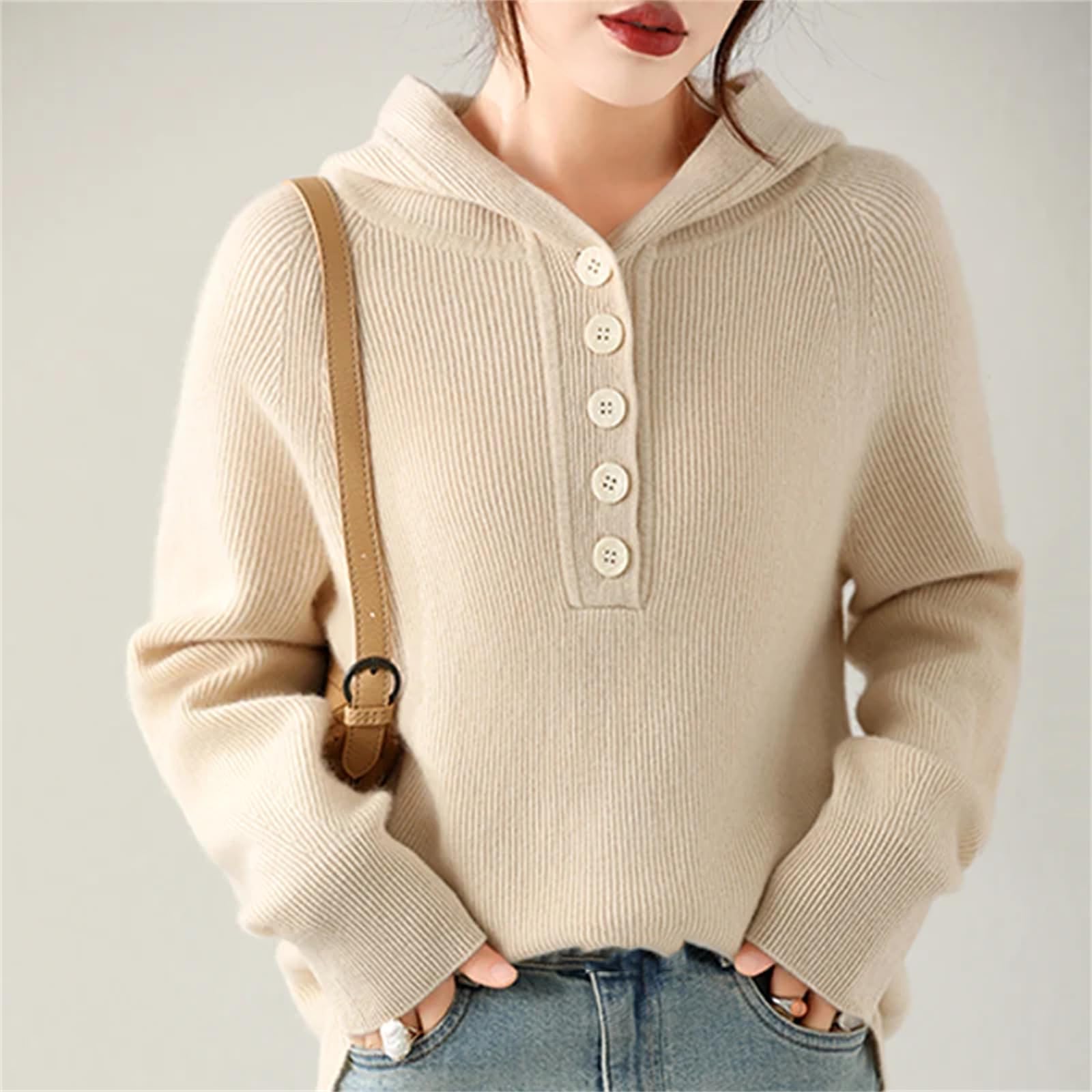 Yeuyyben Maglione da donna in cashmere, a maniche lunghe, con bottoni, invernale, caldo, lavorato a maglia, beige, Beige, L