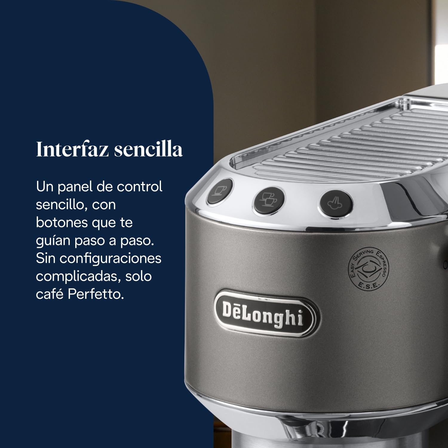 De’Longhi Dedica Style– Perfetto Cafetera Espresso Manual Compacta, Espumador de Leche Manual para Espresso y Cappuccino, Compatible con Monodosis ESE, Panel con Botones, Ancho 15cm, Titanio(EC685.TB)