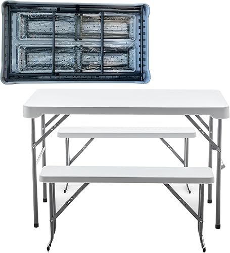 Miniatura 6 de BTEXPERT 3-Piece Set Plastic Portable Folding Beer Picnic Table & Two Benches Seats Foldable Heavy Duty White for Party RV Patio Dining Event