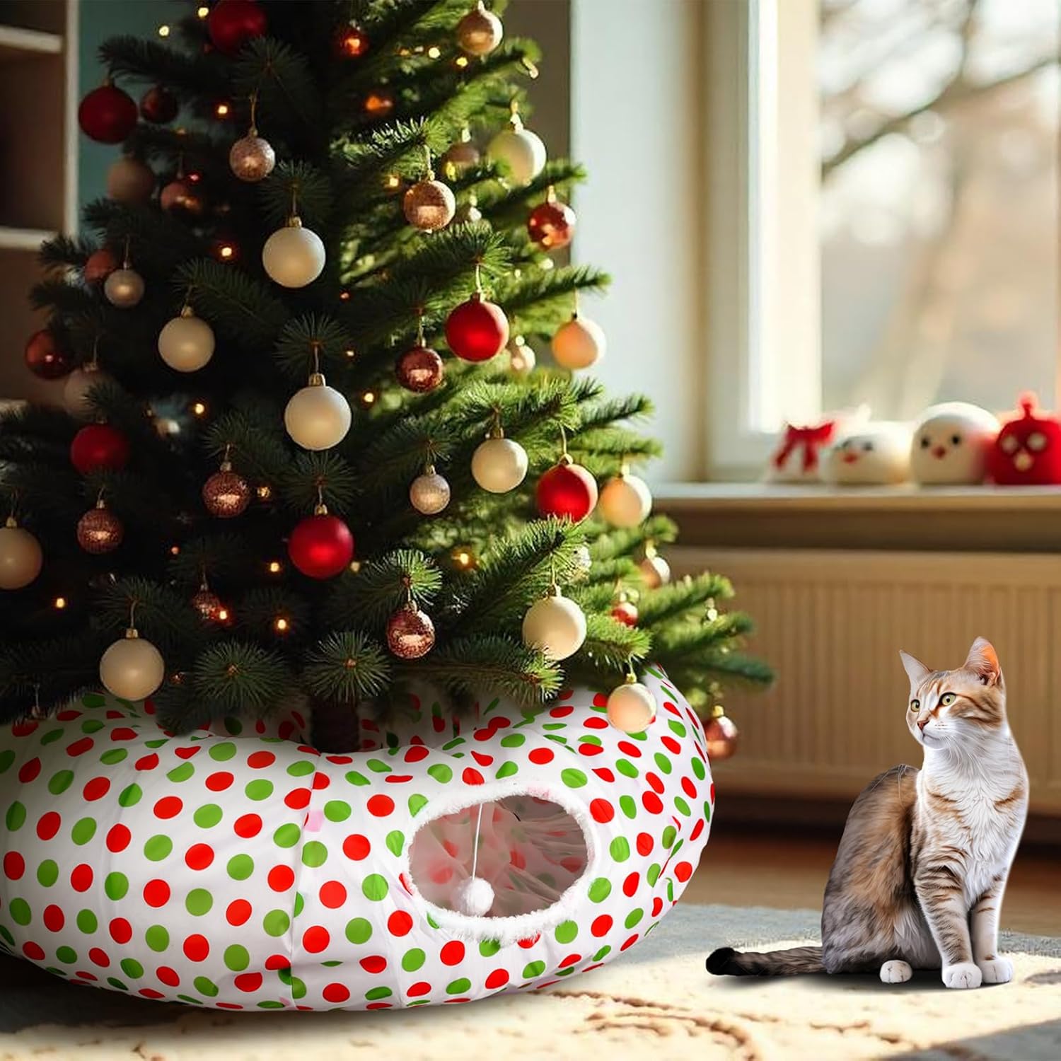 Soulchen Cat Tunnel Christmas Tree Skirt 3ft x 3ft Red and Green Bed Cat Tunnel Under Christmas Tree Protector Collapsible Bed with Ball Washable Cushion for Kitten Indoor Peekaboo Xmas Gifts