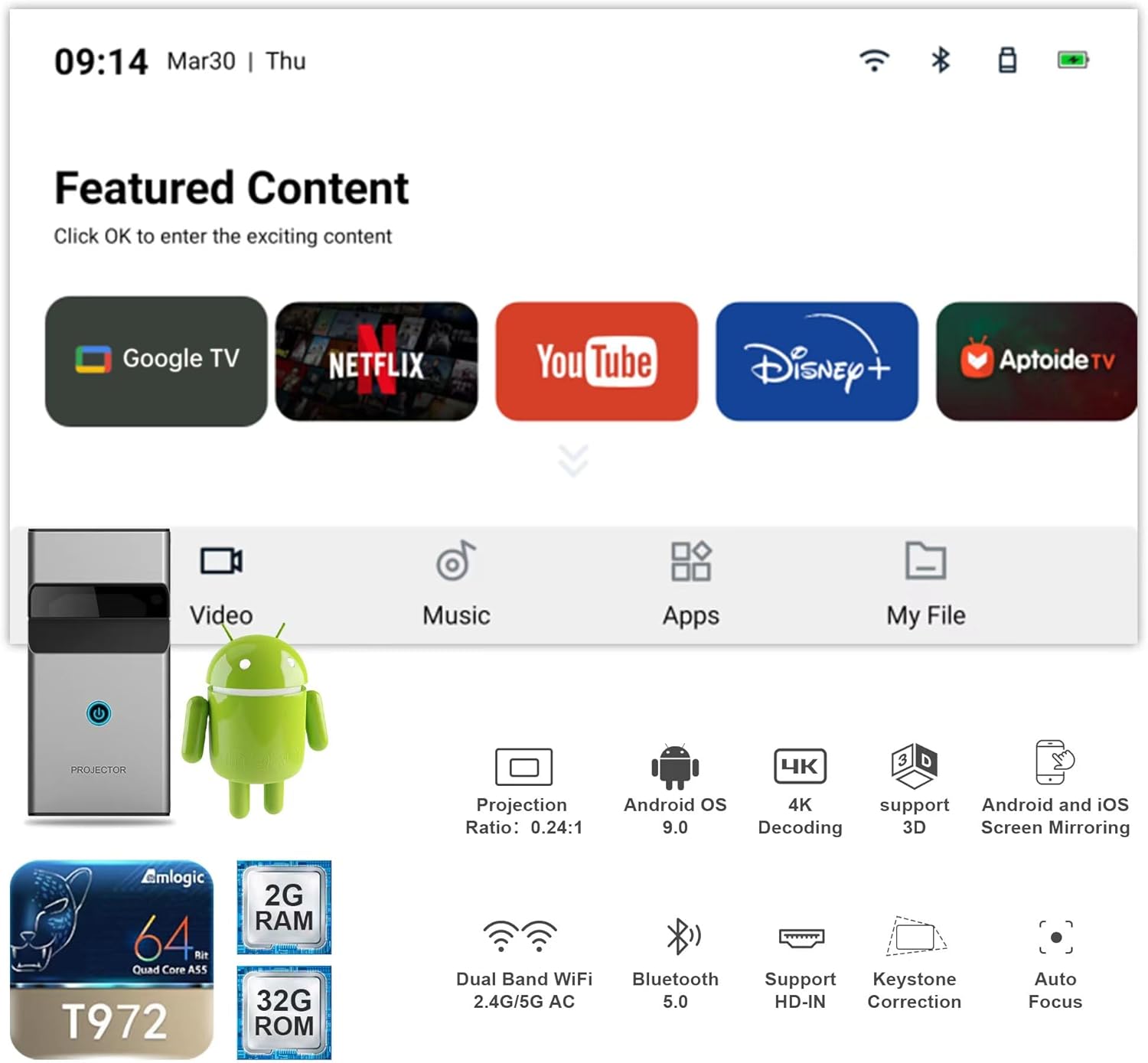 Screenshot of the Android TV interface on the XElectron UST 01 projector