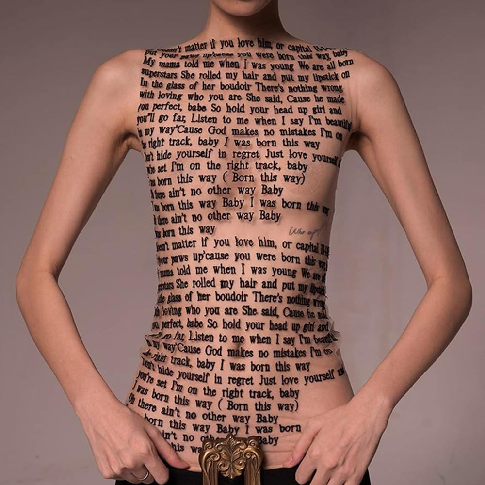 【新品】bIhlc Back Print No Sleeve Tops Women's Tank Top Hot Girl Letter Graphic Mesh Sheer Tee Sexy