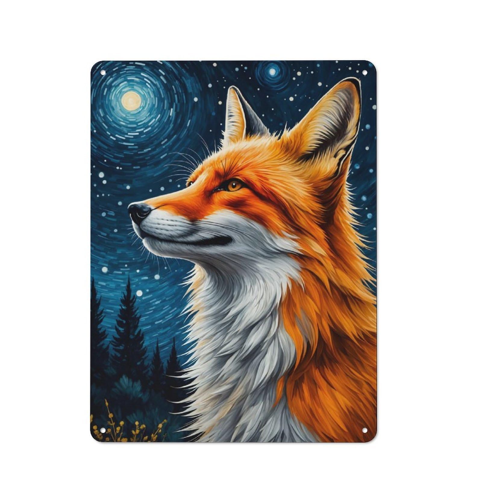 Junmoney Fox Kitsune Starry Night Distressed Look Decorative Tin Sign 40X30cm, Retro Room Decor For Lounge, Study, Pub Or Wall Gallery