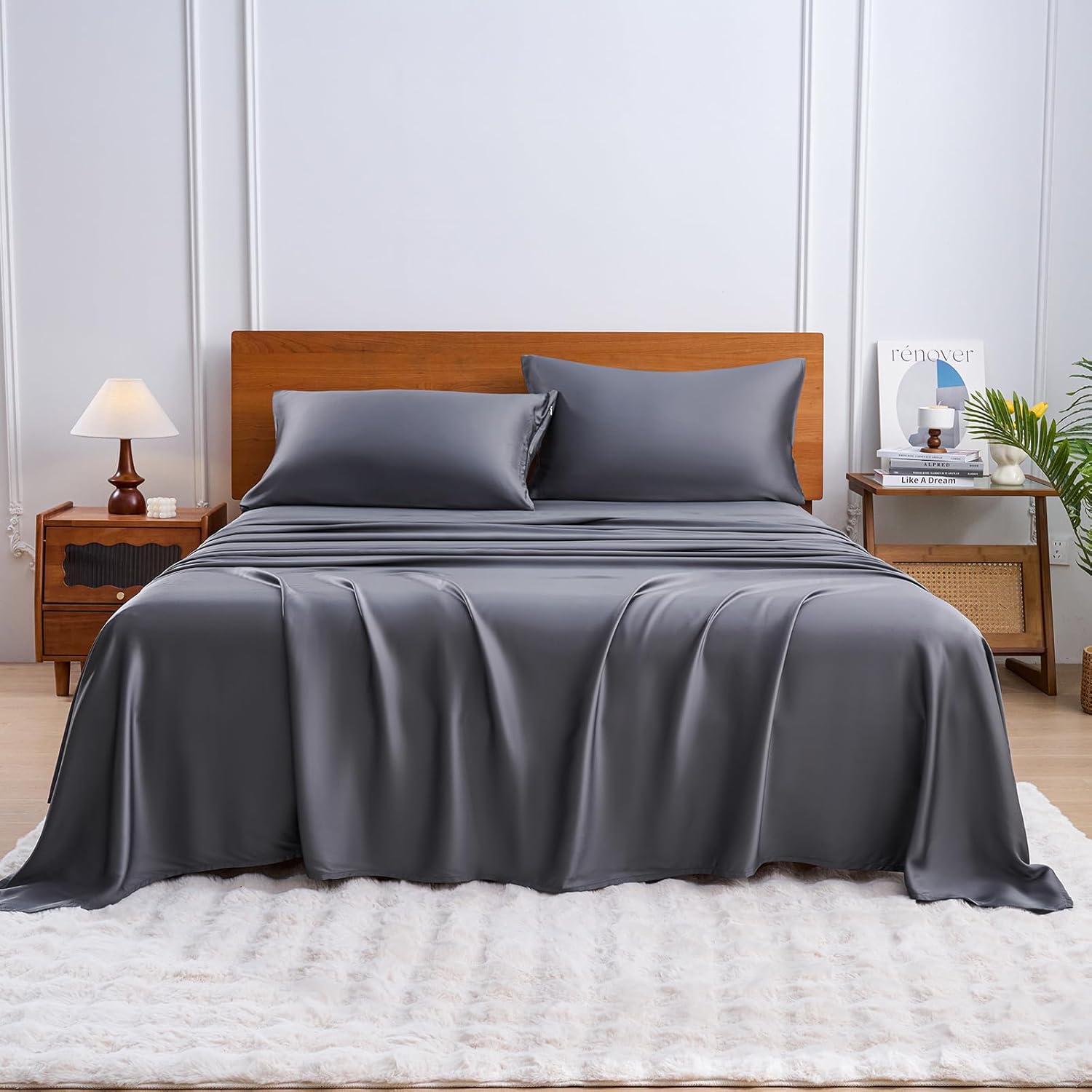 YIYEA 100% Viscose Derived from Bamboo Sheets, 600 Thread Count Cooling Bed Sheet Set for Hot Sleepers, Silky Soft, Breathable, 16″ Deep Pocket, 3PC, Twin, Dark Gray