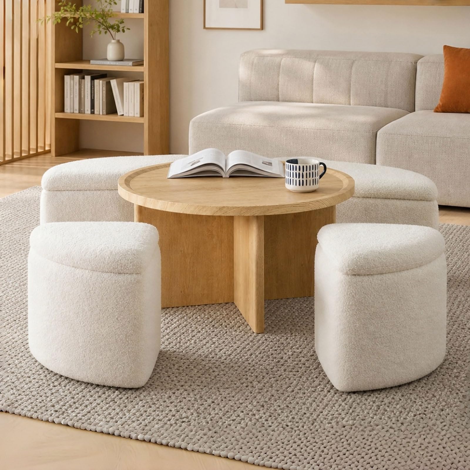 Round Coffee Table with 4 Hidden Storage Stools for Small Living Room