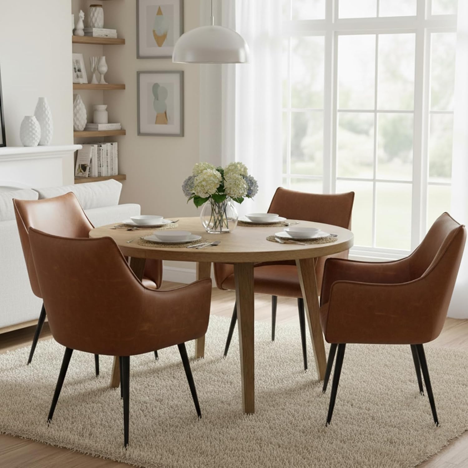 Brown PU Leather Chair, Upholstered Dining Room Chairs with Arms Set of 6 Mid Century Modern Kitchen Chair with Black Metal Legs Comfy Desk Armchair for Restaurant