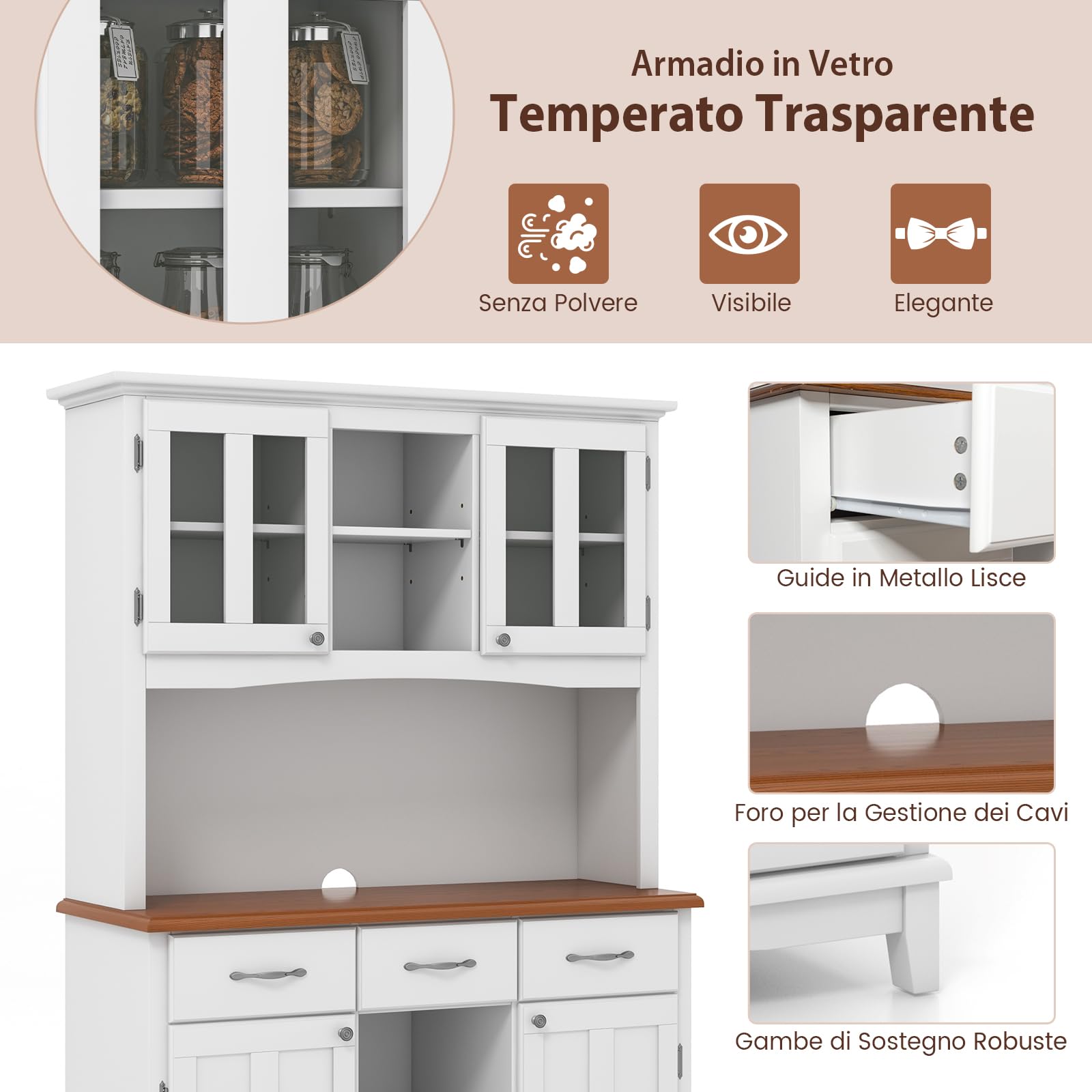 COSTWAY Credenza Alta Cucina, Armadietto Dispensa da Cucina con Portabottiglie, Ripiani Regolabili e 3 Cassetti, per Soggiorno e Sala da Pranzo, 106,5 x 42 x 184 cm (Bianco)