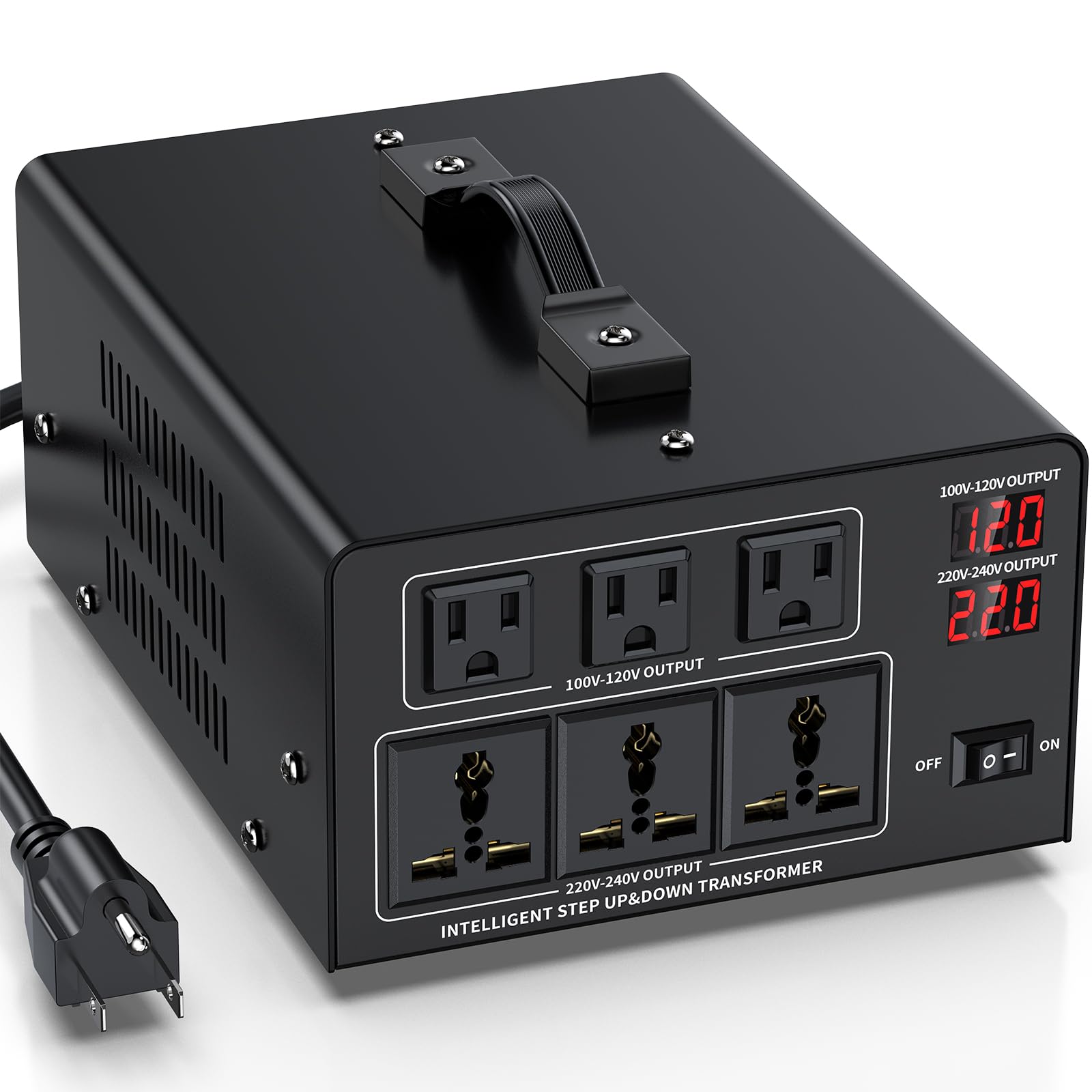 Convertidor de voltaje de 8000 W, transformador de 110 V/120 V a 220 V/240 V o reductor de 220 V a 110 V CA, protección de disyuntor, 3 enchufes de EE. UU., 3 enchufes universales, pantalla LCD