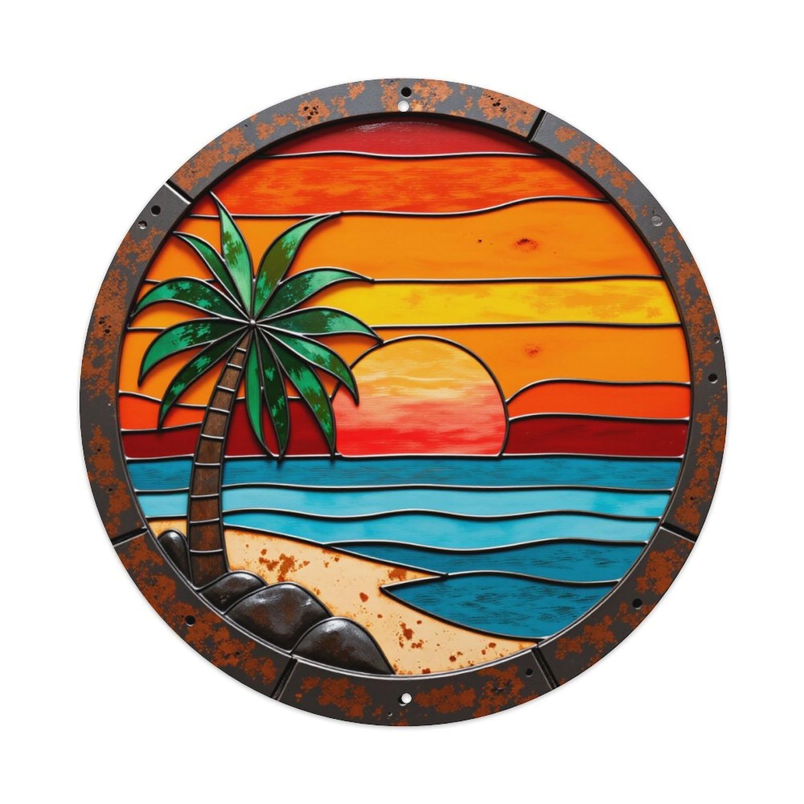 Tropical Sunset Beach Palm Ocean Vintage Round Tin Sign Retro Metal Wall Decor Metal Poster, Home Bar Garage Cafe Wall Art Decoration 8x8Inches
