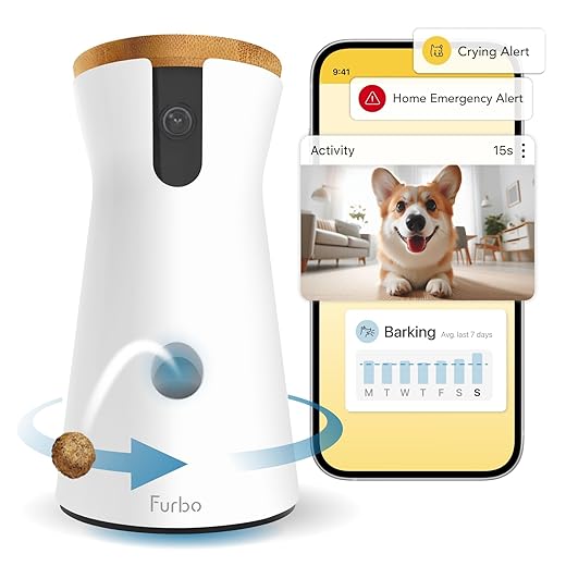 Furbo 360° Dog Camera - Unlock with Paid Plan: Home Security & Dog Safety Alerts, Rotating Pet Treat Dispenser w/ 2-Way Speaker, Smart Indoor Cam w/Phone App (3mo Minimum Subscription Required)