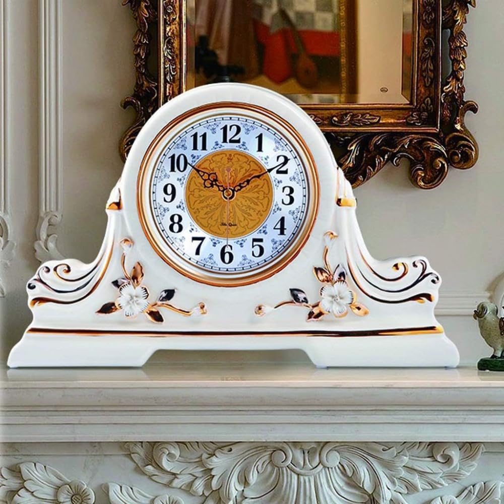 Retro Desk Clock Old-Fashioned Home Mantel Clock/Large Design Clock/15 Inch White Fashion Desk Clock/Retro Table Clock for Living Room Chic Home Decor