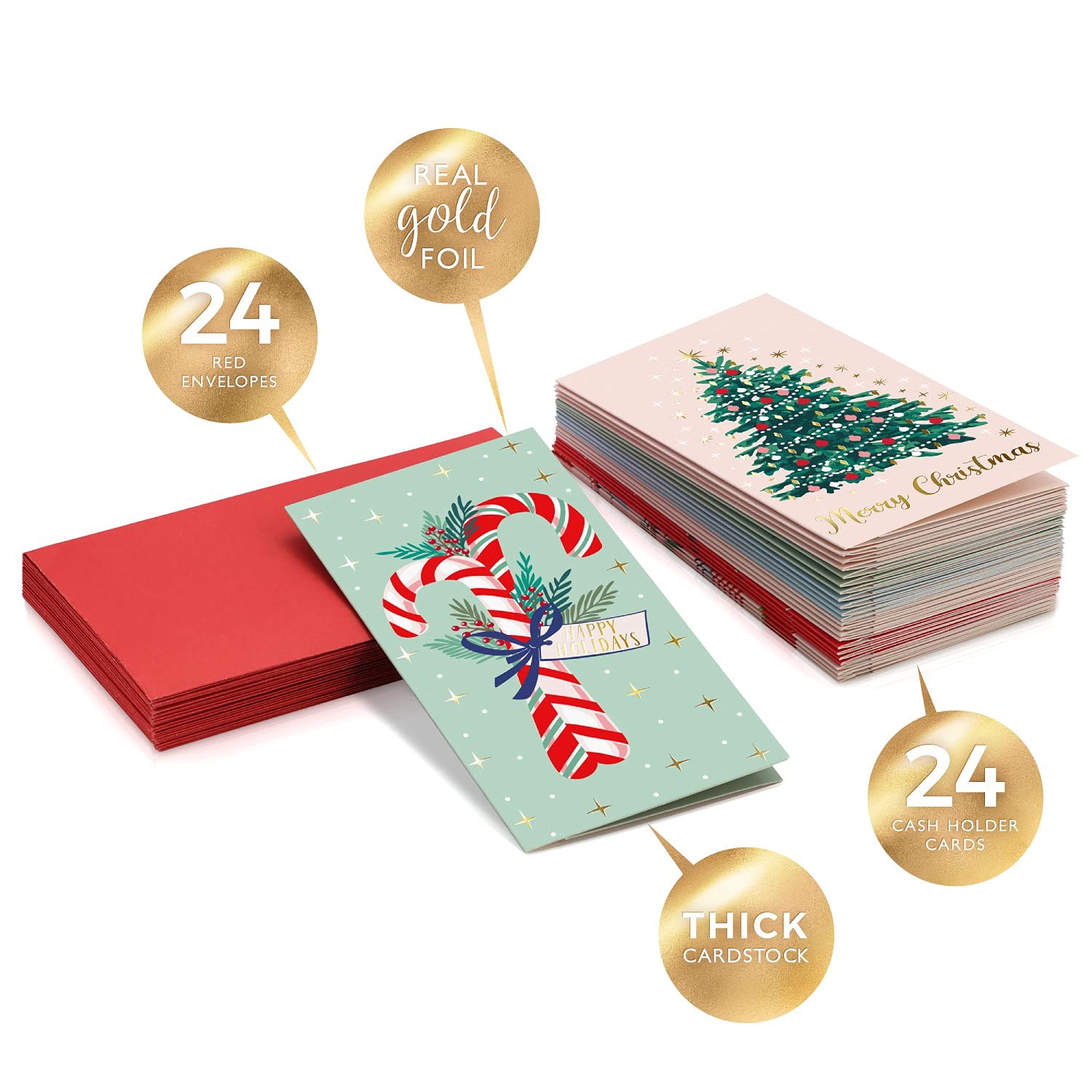 Sweetzer & Orange Cartes de Noël Porte-Argent ou Carte-Cadeau pour Adulte - 6 Designs, 4 de Chaque - Set de 24, Enveloppe Rouge - Intérieur Mat avec Encoches, Extérieur Brillant, 300 gsm - 8x15cm