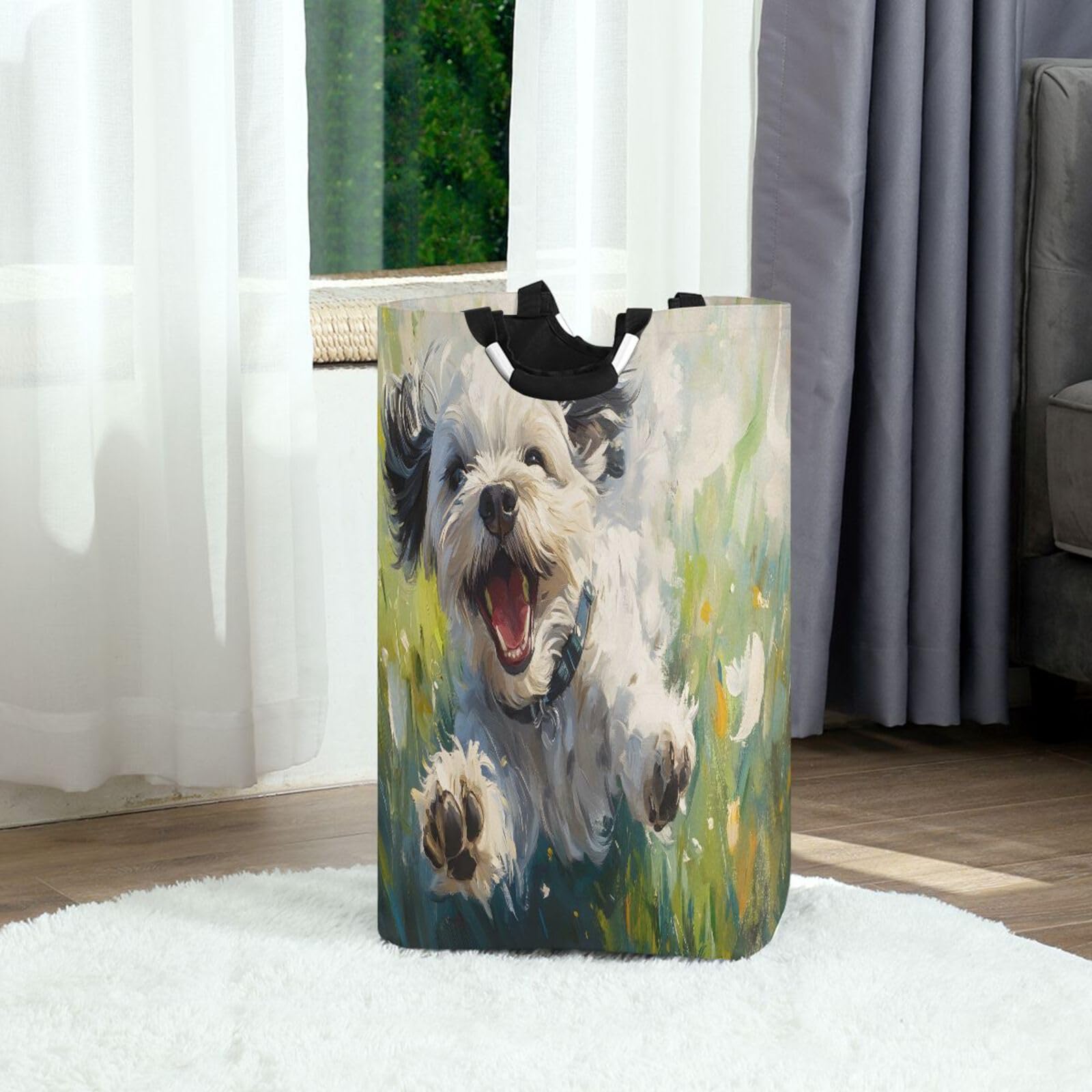 Jihqo Laundry Hamper Basket Happy Puppy Dog Collapsible Nursery Storage Bin Waterproof Clothing Baskets for Home Bedroom Bathroom Washing Room