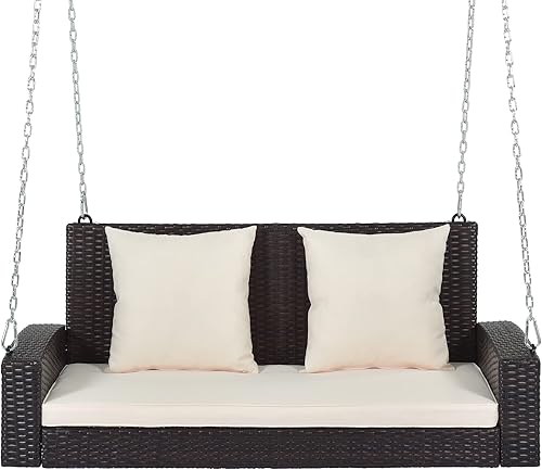 Miniatura 2 de Silla colgante de mimbre para patio con capacidad para 2 personas, incluye cadenas colgantes, cojín de asiento y almohadas de respaldo, banco de