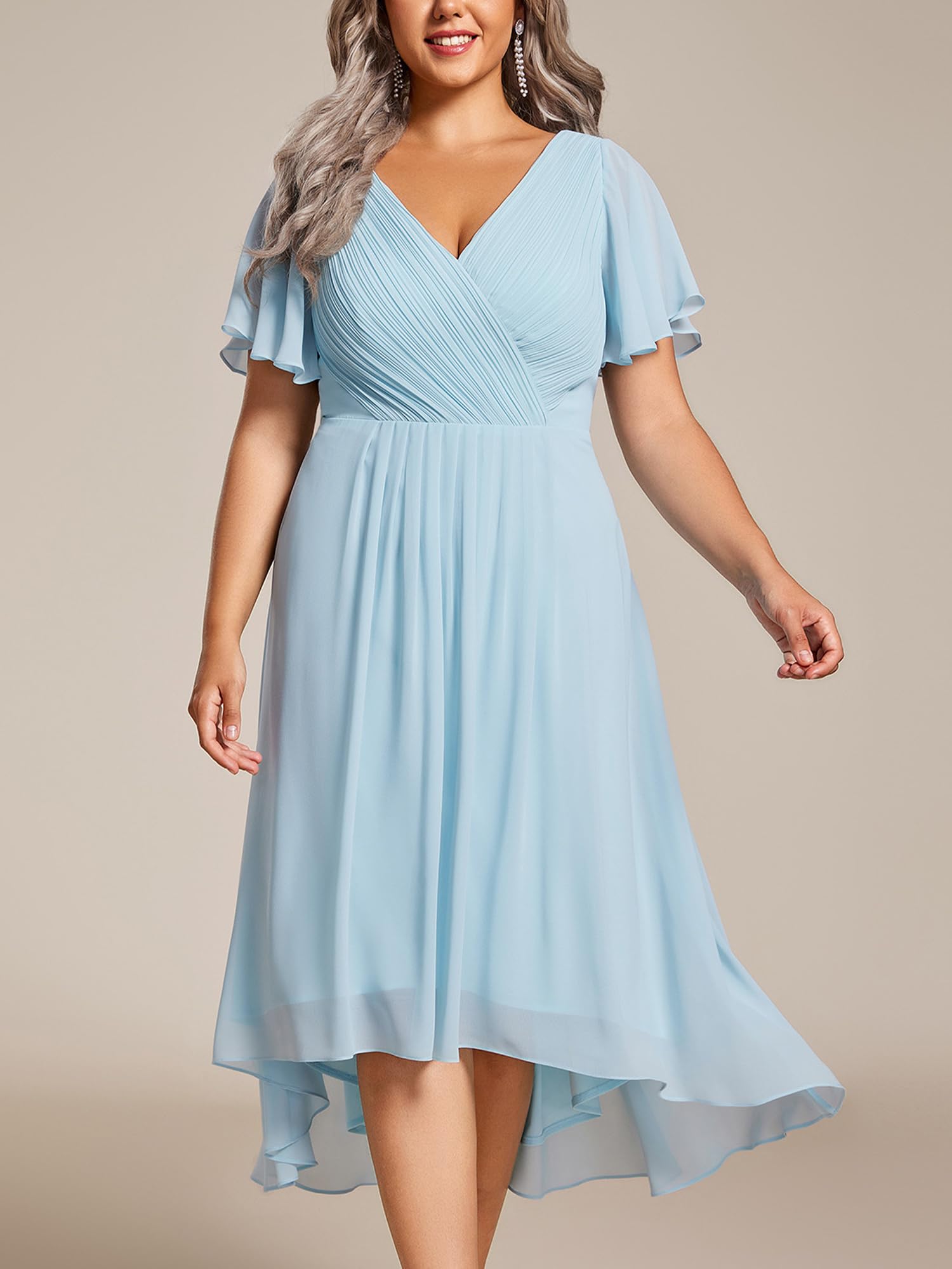 Ever-Pretty Donna Una Linea Increspato Scollo A V Maniche Corte Al Ginocchio Plus Size Wedding Guest Dress 01923-DA, Cielo blu, 50