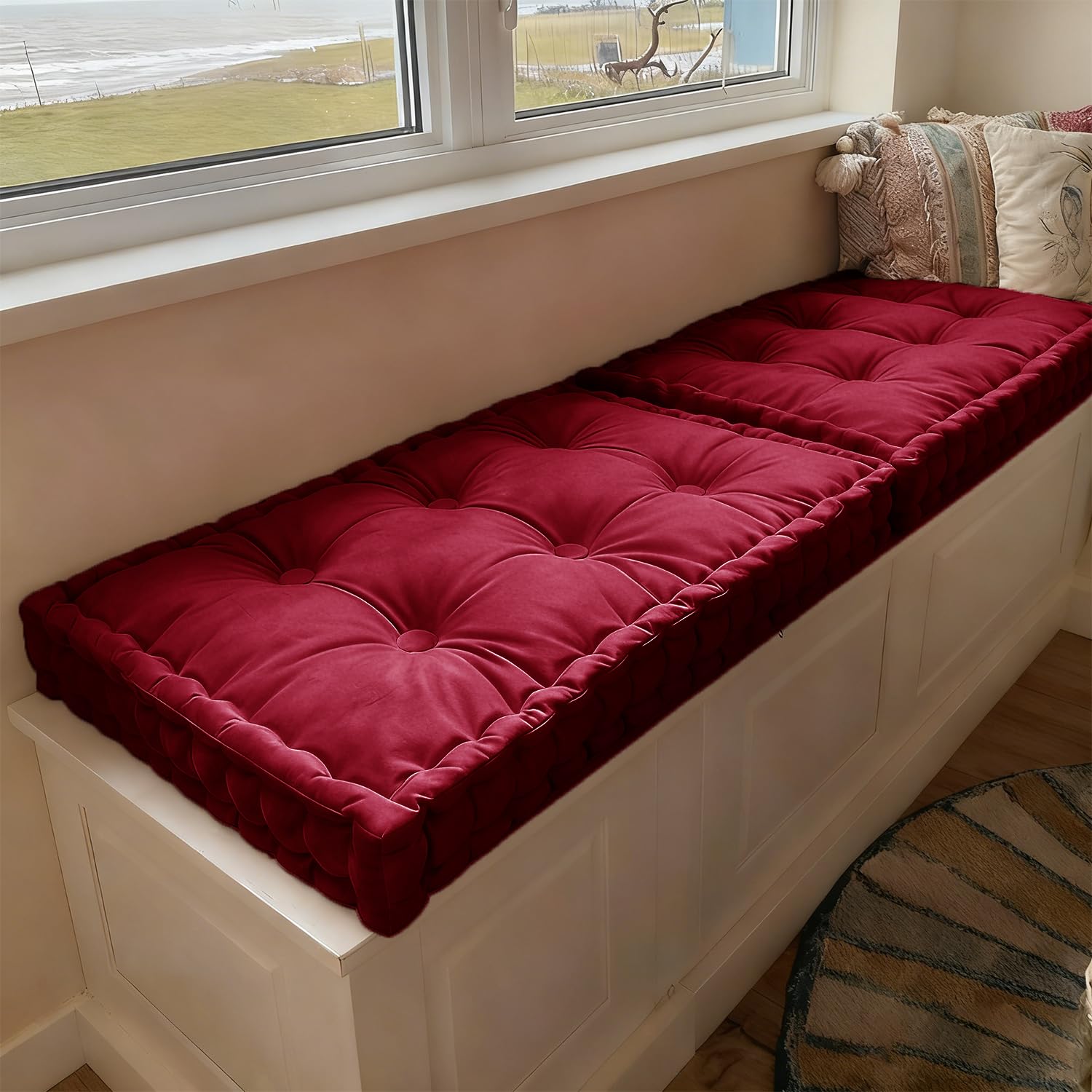 WLXFF Bench Cushion Indoor, Velvet Window Seat Cushions with Handle 10cm Thick Plush Windowsill Seat Cushion, Bay Window Cushion, Tufted Buttons Bench Seat pad for Piano, Dining Chairs,NO3,150x60cm