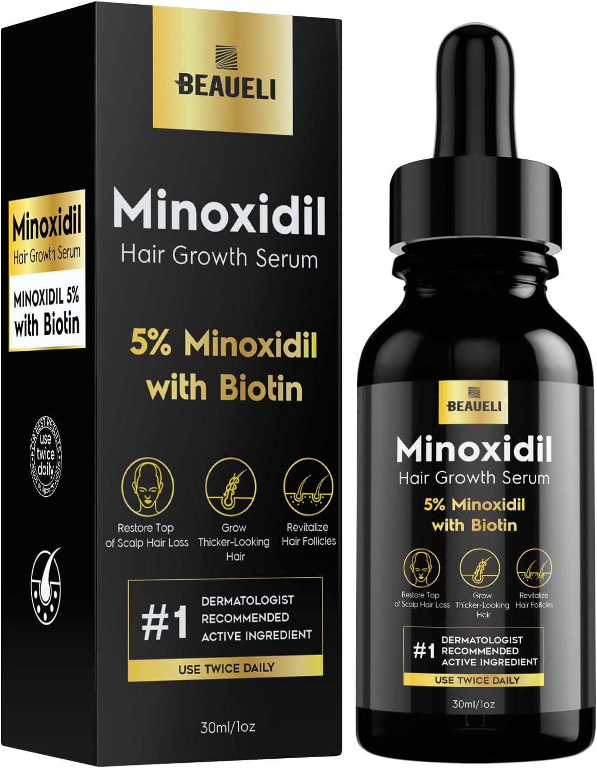 beaueli 5% Minoxidil for Men & Women Hair Growth, Beard Growth, Hair Loss Treatment, Unisex Adult 1oz