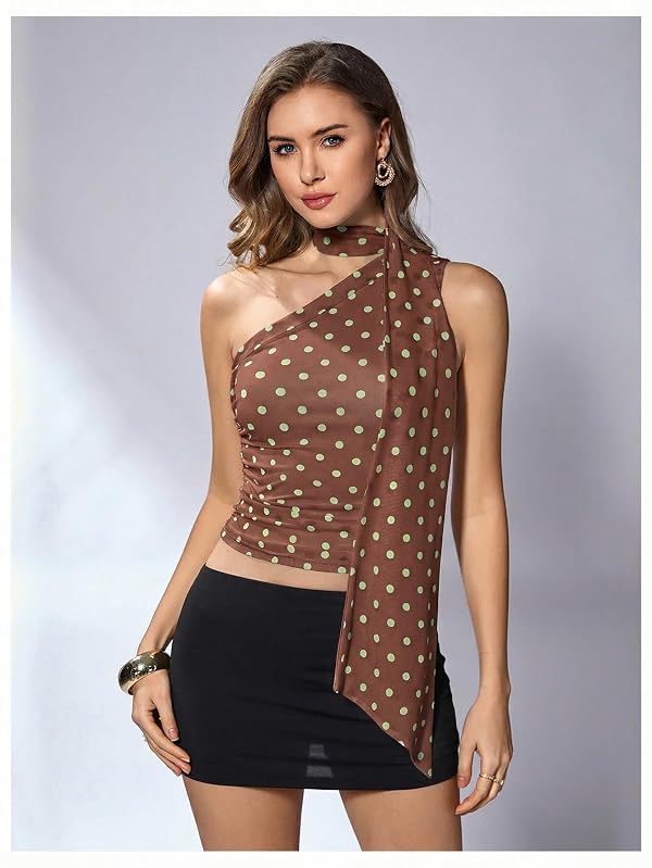 RoseSeek Women's Leopard Polka Dots Halter One Shoulder Tops Asymmetrical Slim Fit Cropped Y2K Going Out Tops Brown Dots S by RoseSeek - Used condition - Image 3