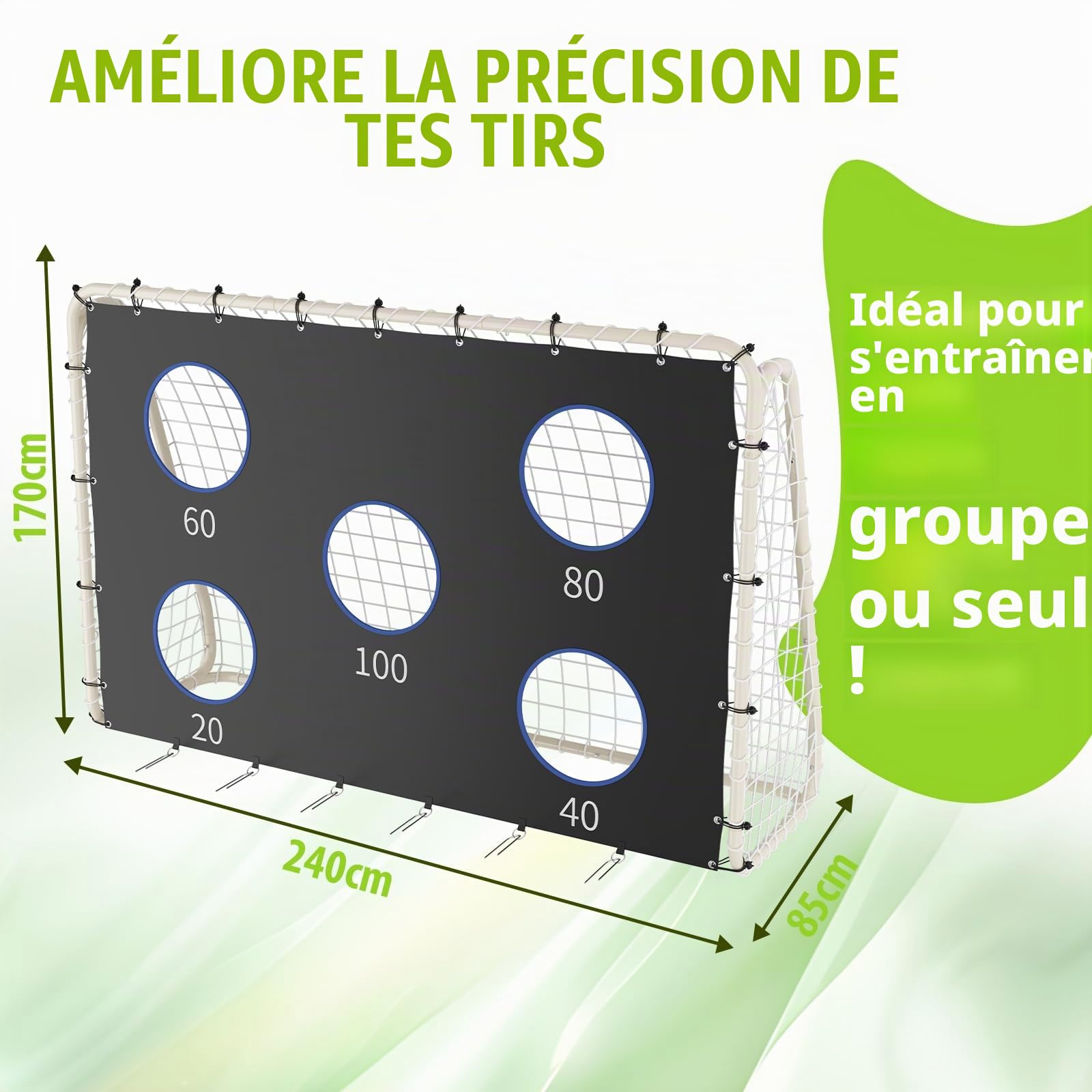 But de football 240 cm x 170 cm avec mur de tir, filet et piquets pour enfant