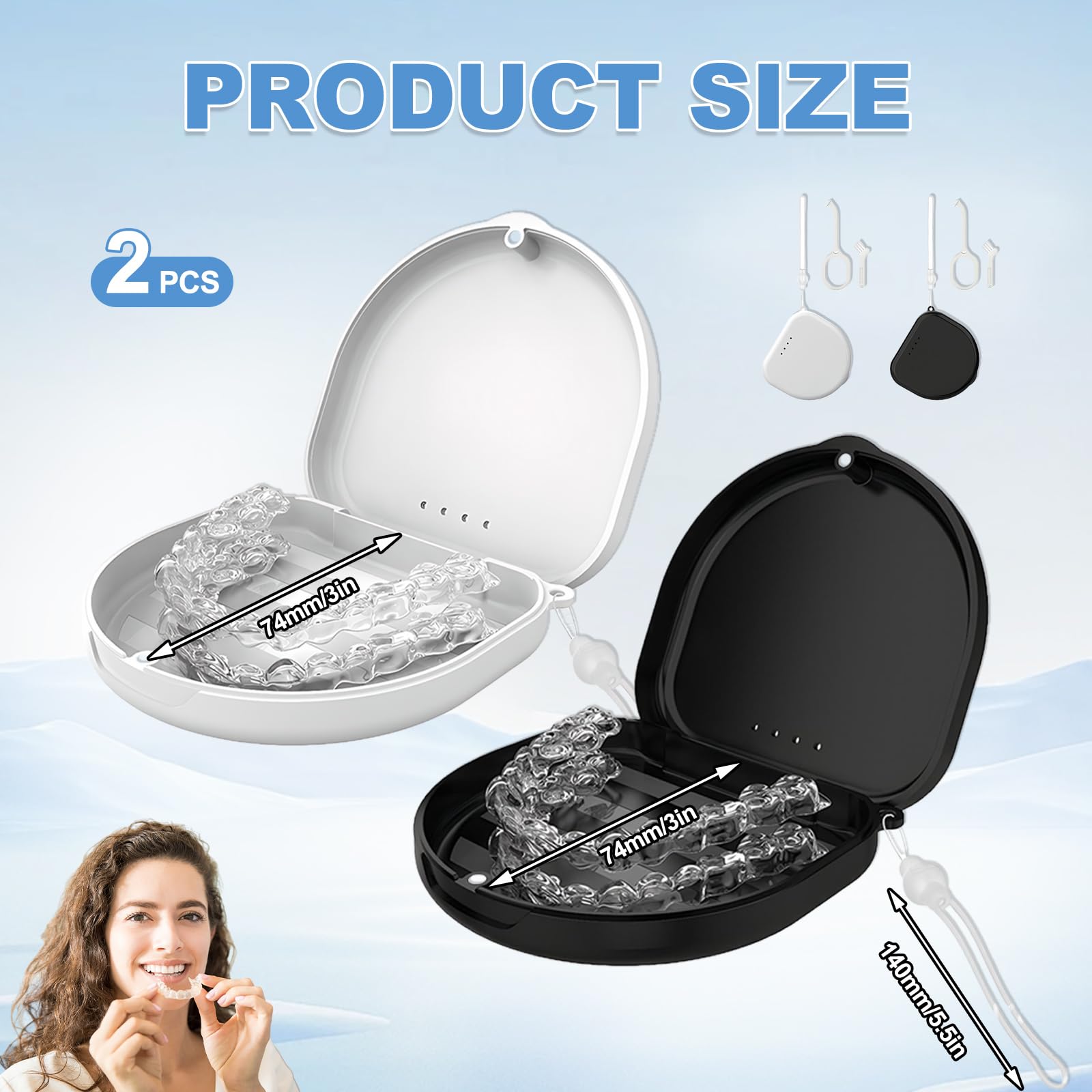 Funda Ferula Dental 2 PCS Caja Dentadura Postiza con Correa de Silicona y Herramientas de Extracción Negro Blanco