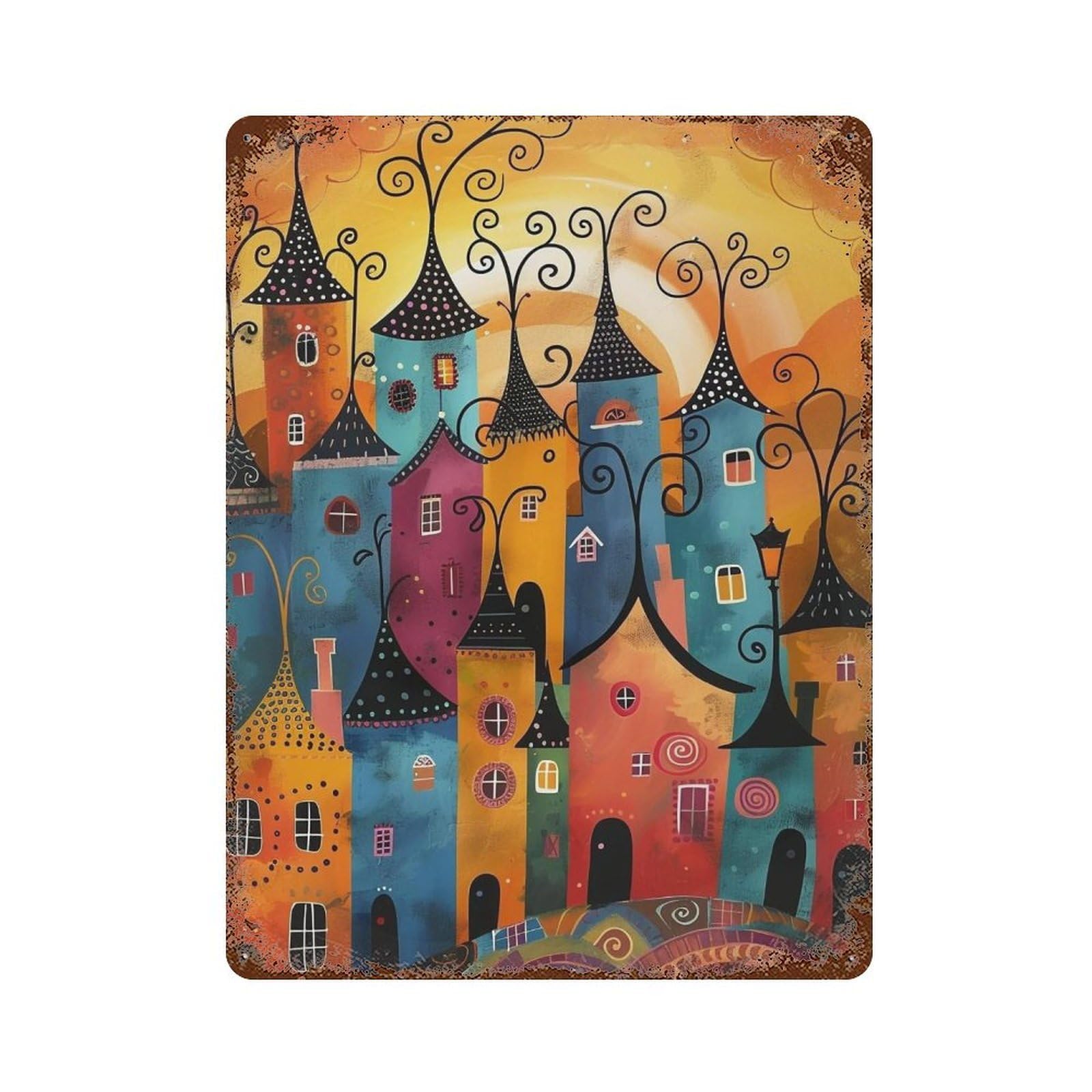 HDURYEYRYY Whimsical Colorful Fairy Town 01 Wall Retro Iron Vintage Art Metal Tin Sign Poster Modern Home Cofffee Club Art Bar Shop Decor Style 40x30cm