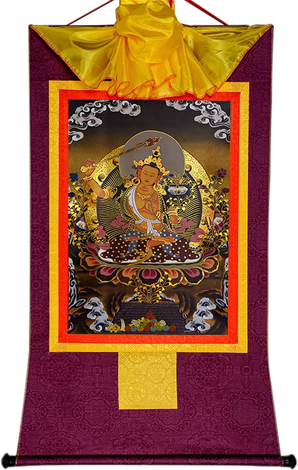 Buddyjski gobelin, tybetańska Thangka, Manjusri, mądrość budda, tybetańska sztuka malowania Thangka, buddyjski brokat Thangka, budda gobelin ze zwojem, czarny typ (Color : Purple, Size : Large(85cm*