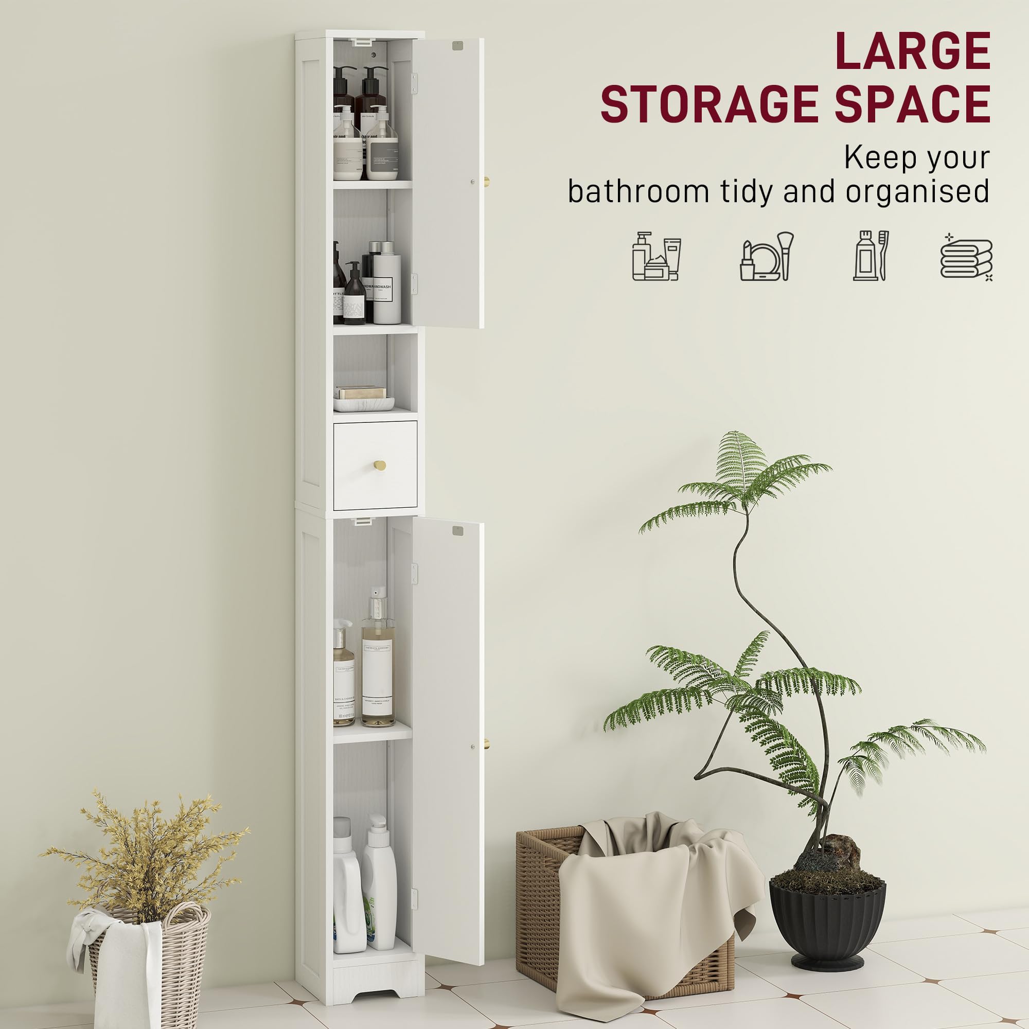 HOMCOM Tall Bathroom Cabinet, Modern Slim Bathroom Storage with Arched Doors, Drawer and Open Shelf, Narrow Storage with Adjustable Shelves, White - 4