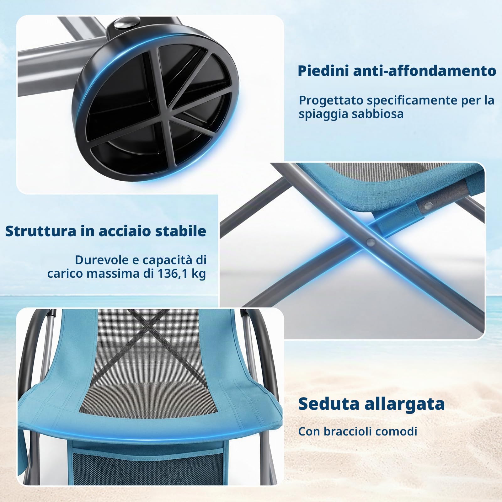 Garvee Set di 2 Sedie da Spiaggia Pieghevoli Leggere - Schienale Alto in Rete Traspirante - Braccioli Imbottiti, Portabicchieri, Tasca Portaoggetti - Struttura in Acciaio fino a 150kg