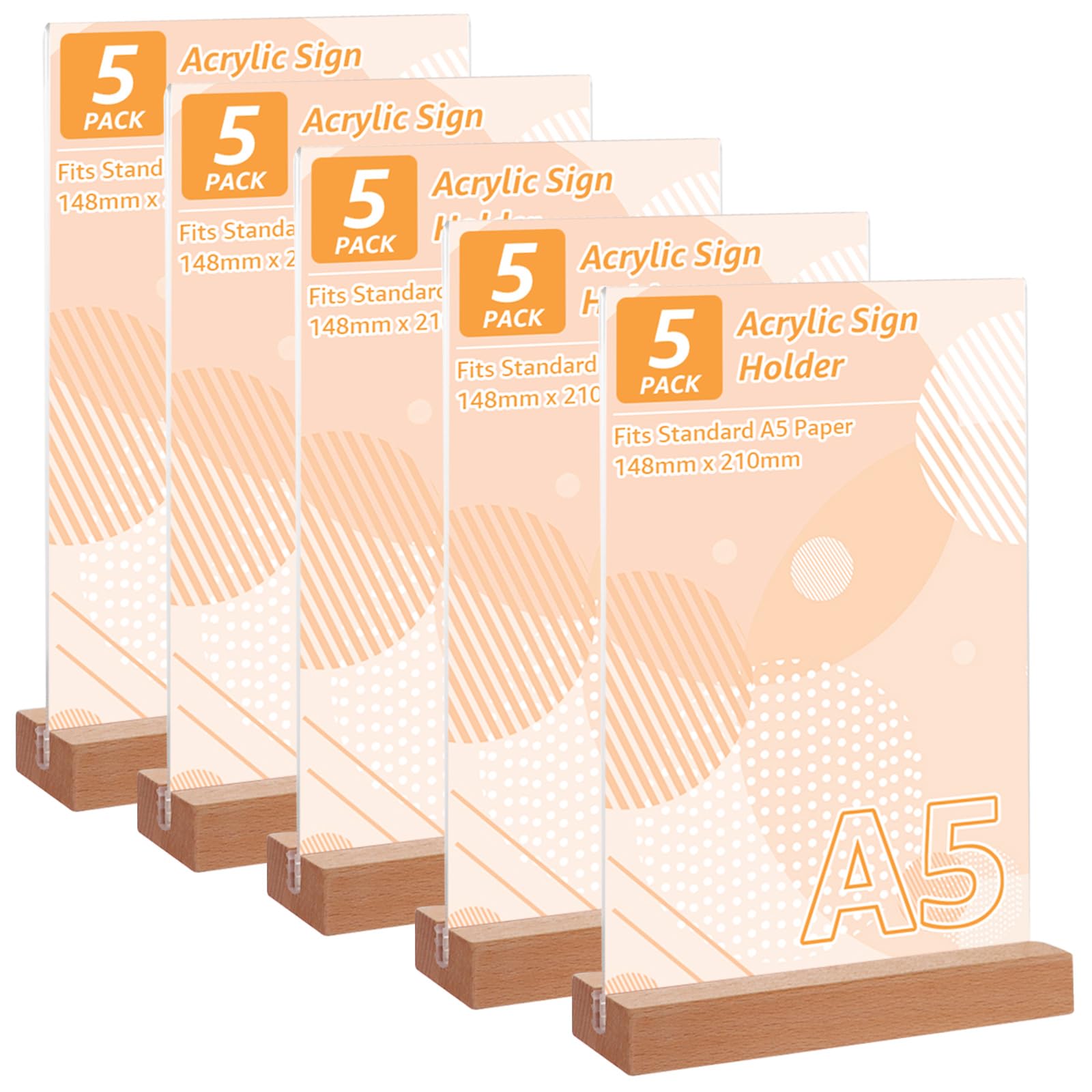 Lot de 5 Présentoirs Table A5 Élégants, Porte Affiche A5 Bois et Acrylique Haute Transparence, Support de Signalétique Double Face pour Commerce et Événements