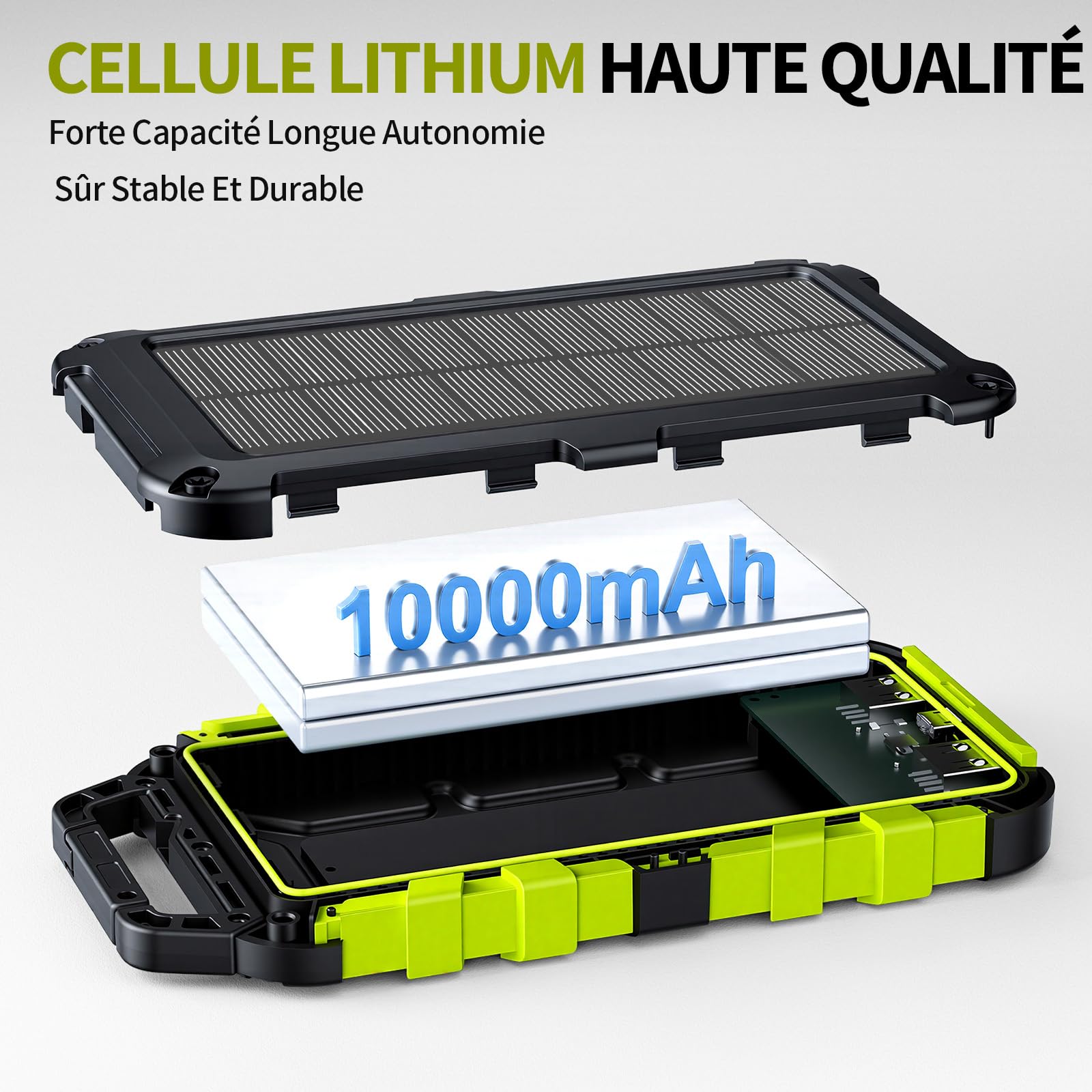 Batterie Externe Solaire 10000mAh PD 22,5W Chargeur Solaire avec 2 Ports USB et Une Entrée USB-C Charge Rapide Batterie Solaire Imperméable Compatible avec Téléphone Tablette Camping Vert