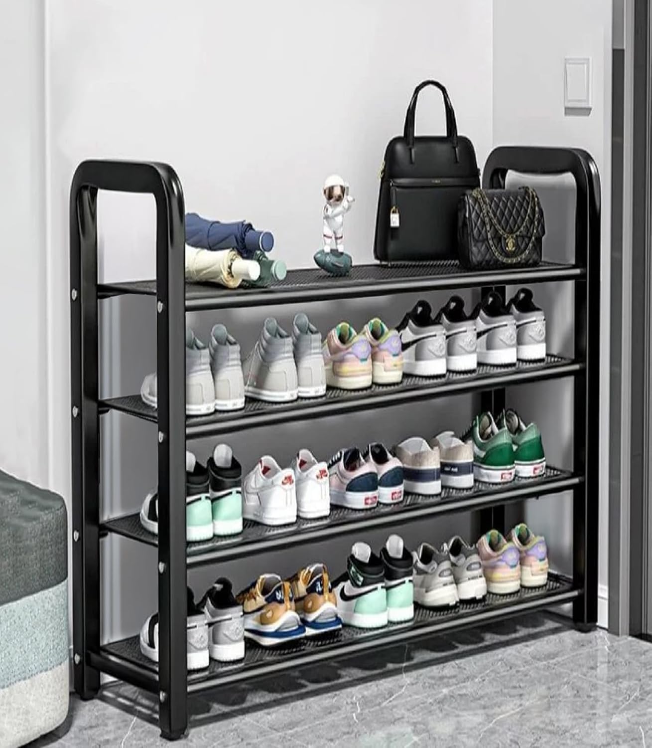 Heavy Metal Shoe Rack (4 Shelves) Foldable Open Book Shelf, Book Shelve, Shoe Rack, Shoes Storage Rack for Home Shoe Stand Shelf Big - Black-image-45