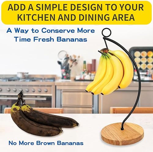 Miniatura 4 de Organizador de plátanos moderno con base de madera duradera, gancho de metal resistente para encimera de cocina del hogar, diseño simple y