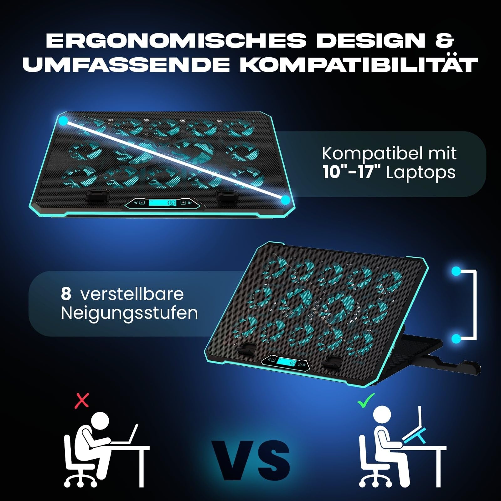 KLIM V14 Gaming Laptop Cooling Pad mit 14 Lüftern - Neu - Gaming Laptop Kühler - Stabiler RGB Notebook Ständer mit Lüfter - Kompatibel bis zu 17" - 2 USB Ports - Handyhalterung - 5 Jahre Schutz