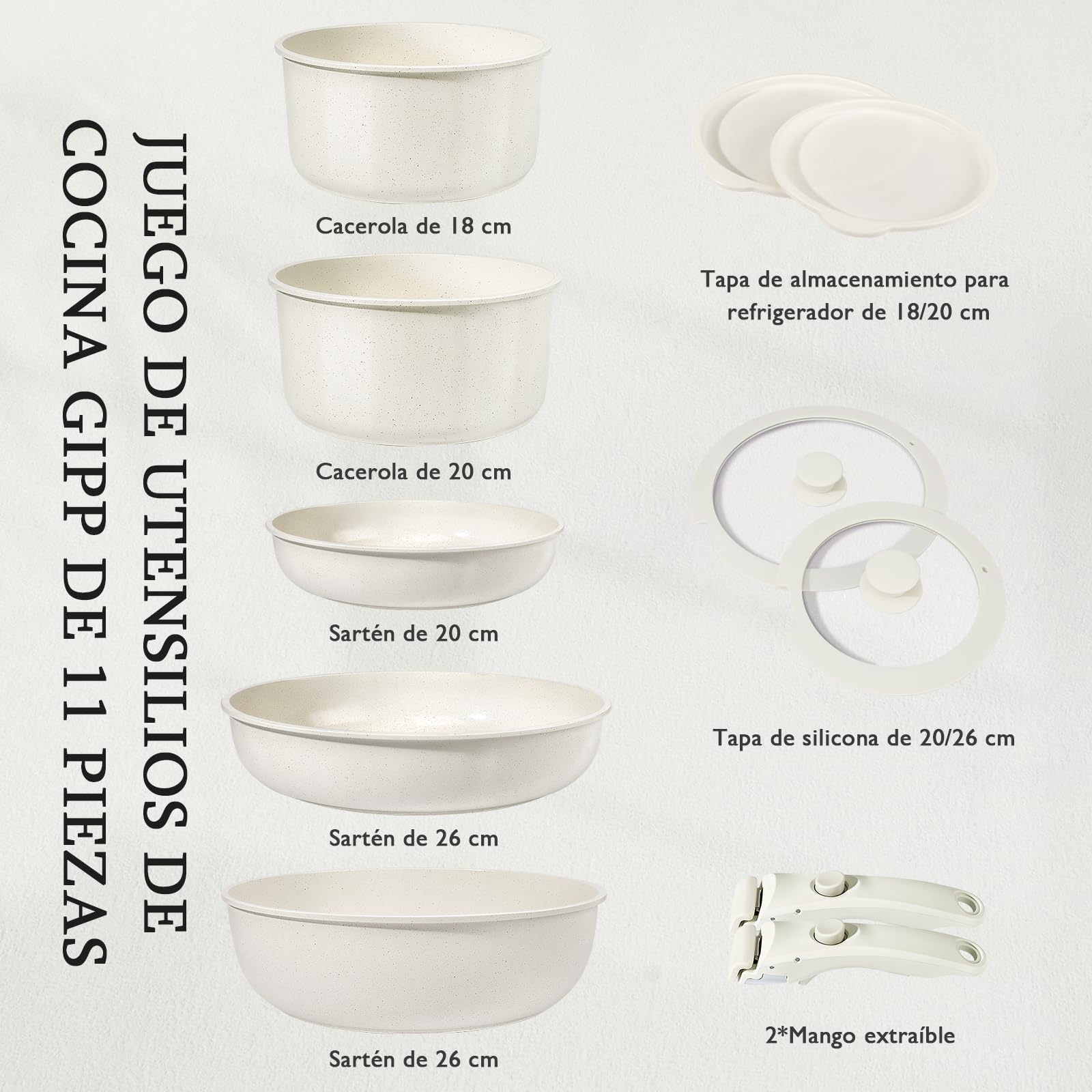 GiPP Juego de Ollas y Sartenes Cerámicas Antiadherente - Juego de Cocina con Mangos Desmontables, No Tóxico, Apto para Inducción, Horno y Lavavajillas(Blanco 11PCS)