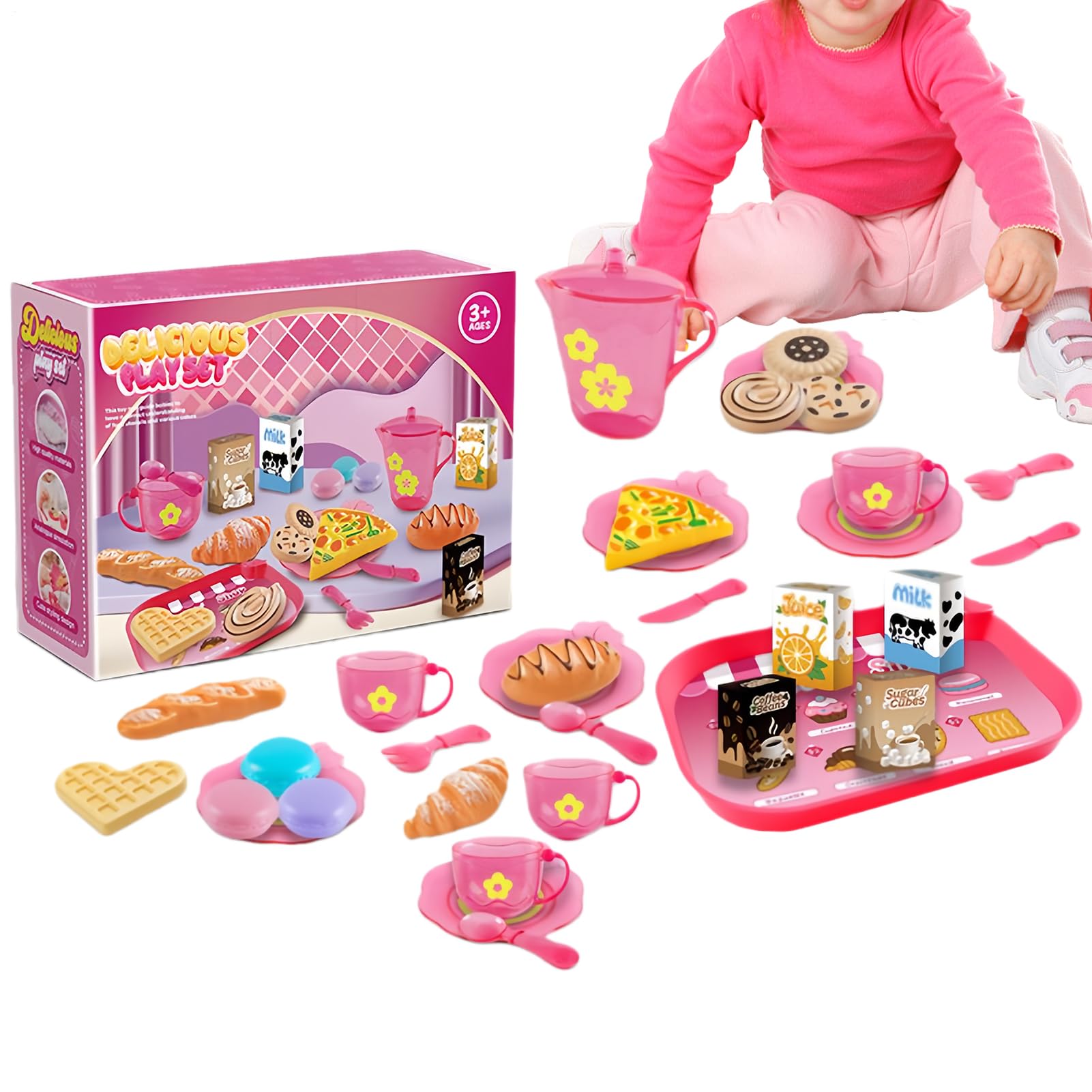 33pcs Children's Pretend Play Tea Party Toy Set,Mini Kitchen Food & Dessert Toys,with Teapot, Cups, Plates And Other Accessories, For Role-playing Games.