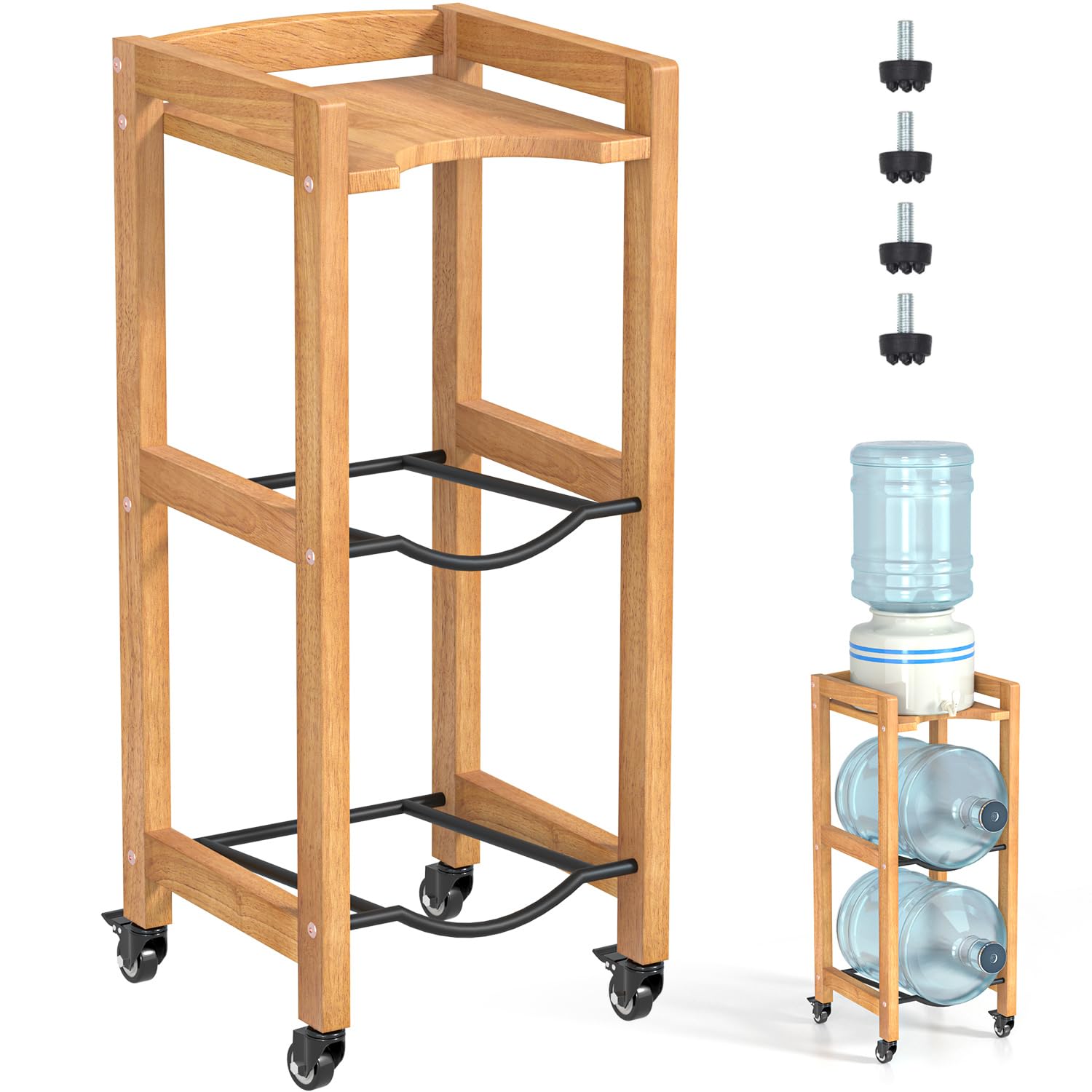 3-Tier 5 Gallon Water Jug Holder with Top Shelf – 4 Metal Wheels or Adjustable Feet – Natural Hardwood Water Dispenser Floor Stand – Wooden Organizer for Kitchen, Office, Garage – Space-Saving Design
