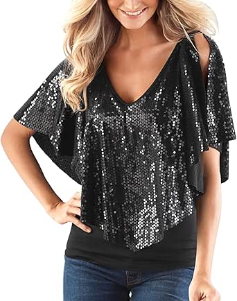 Womens Sequin Shirts V Neck Glitter Sparkly Party Blouse Tops Dressy