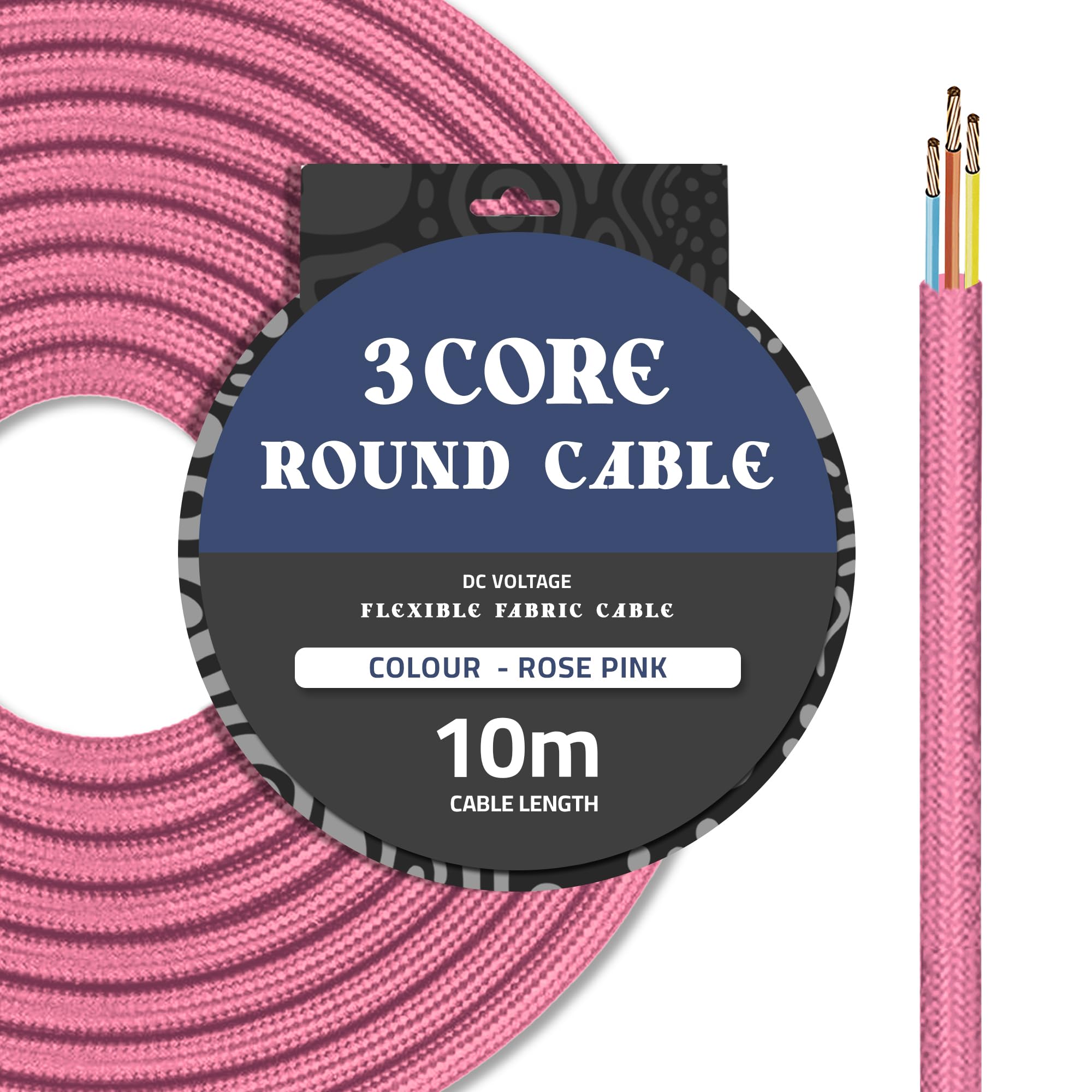 DC Voltage 10Meters Retro 3 Core Round Wire Cable 0.75mm Italian Colored Braided lighting fabric cable flex cord Vintage Lighting for pendant lights wall lights and ceiling lights (Rose Pink)