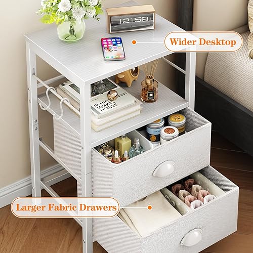 Miniatura 4 de Furologee Juego de 2 mesitas de noche, mesa auxiliar con 2 cajones de tela, mesita de noche con 2 ganchos, estante de madera abierta para