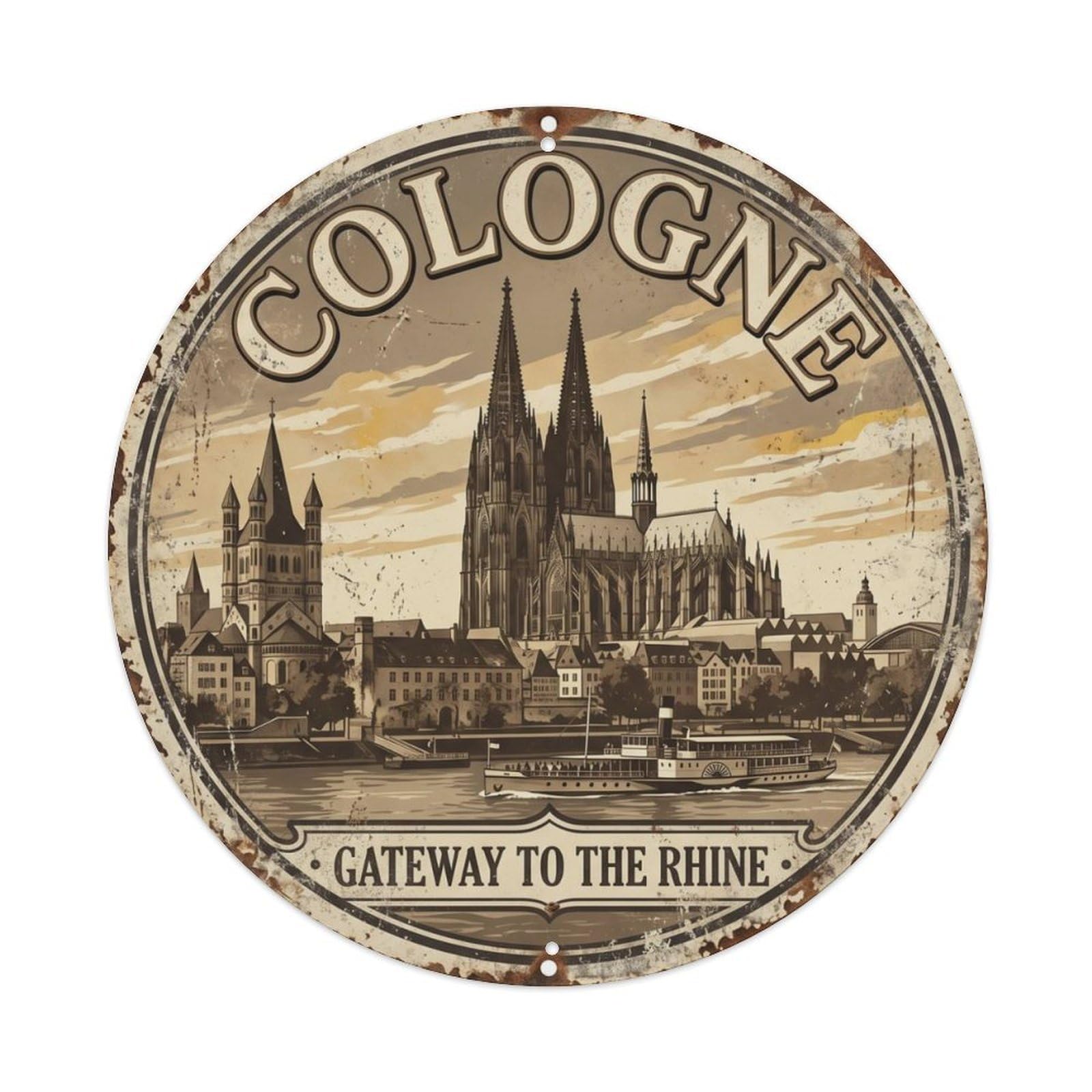 Vintage Travel Cologne Cathedral Rhine Metal Tin Sign Plaque Wall Decor for Cafe, Club Bar, Office, Home Garden Round Metal Poster 8x8Inch