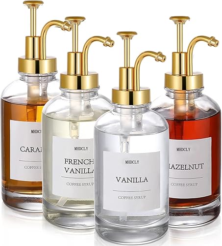 Accesorios de barra de café, dispensador de jarabe de café, 4 unidades, dispensador de jarabe de 16.9 onzas con etiquetas, dispensador de bomba de