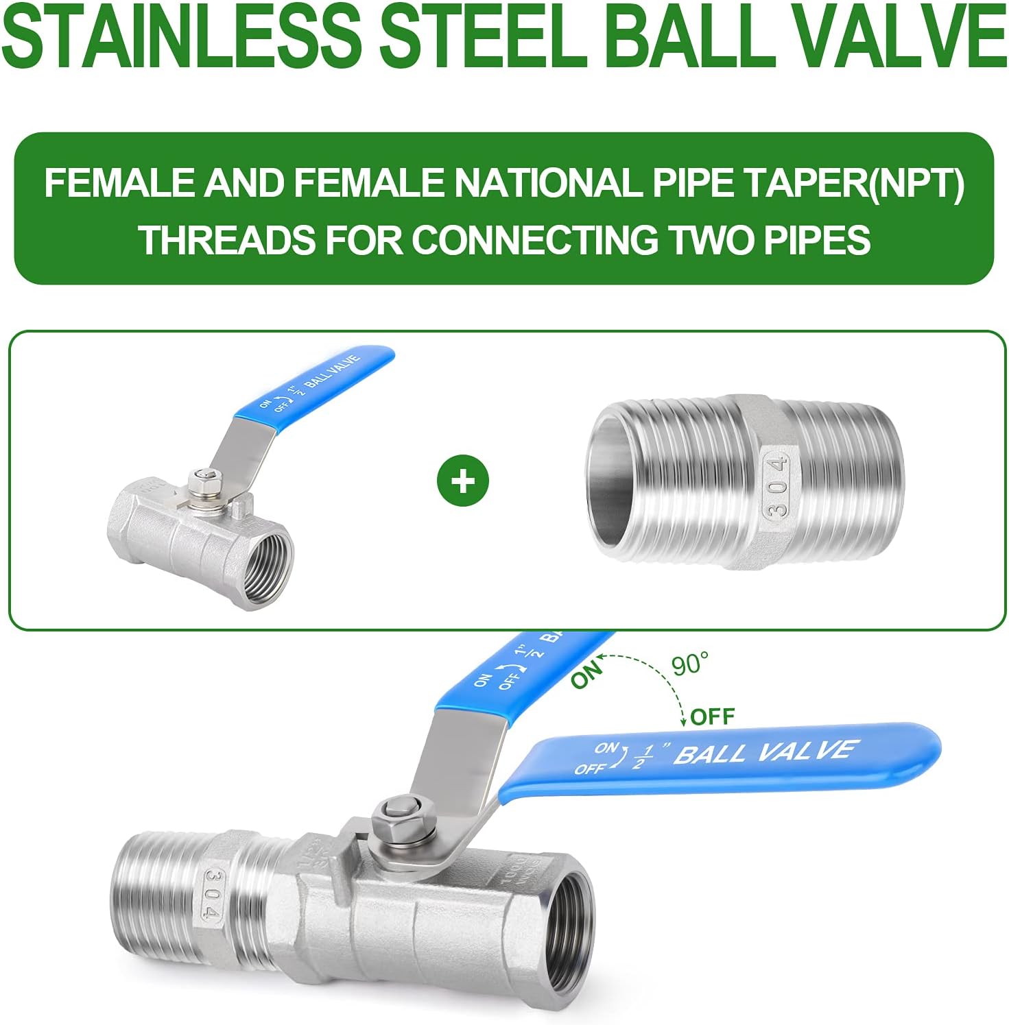 TAISHER 4 Pcs 1/2 Inch FNPT Heavy Duty Ball Valve Kit, 304 Stainless Steel with Blue Handles & Nipple