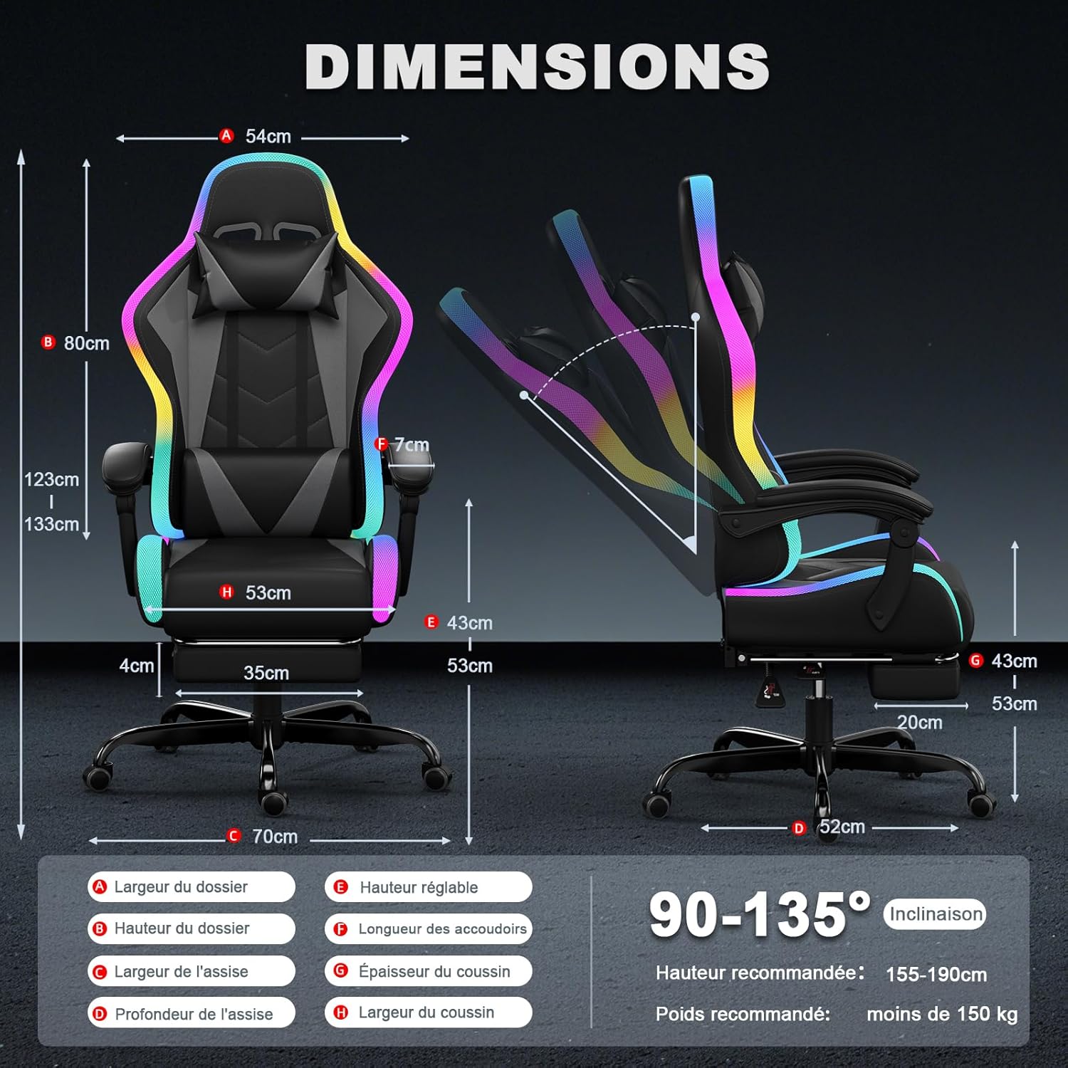 Diagram showing the dimensions and recline range of the JUMMICO Gaming Chair