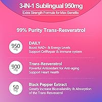 Vista 3 de Sublingual 99% Ultra Pureza 950 mg Trans-Resveratrol, Suplemento de resveratrol – Máximo antioxidante para anti-envejecimiento, piel y salud