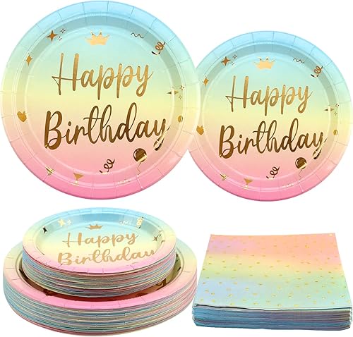 150 piezas de vajilla de fiesta de cumpleaños de arcoíris con lunares dorados, platos de cena de fiesta de colores pastel arcoíris, platos de