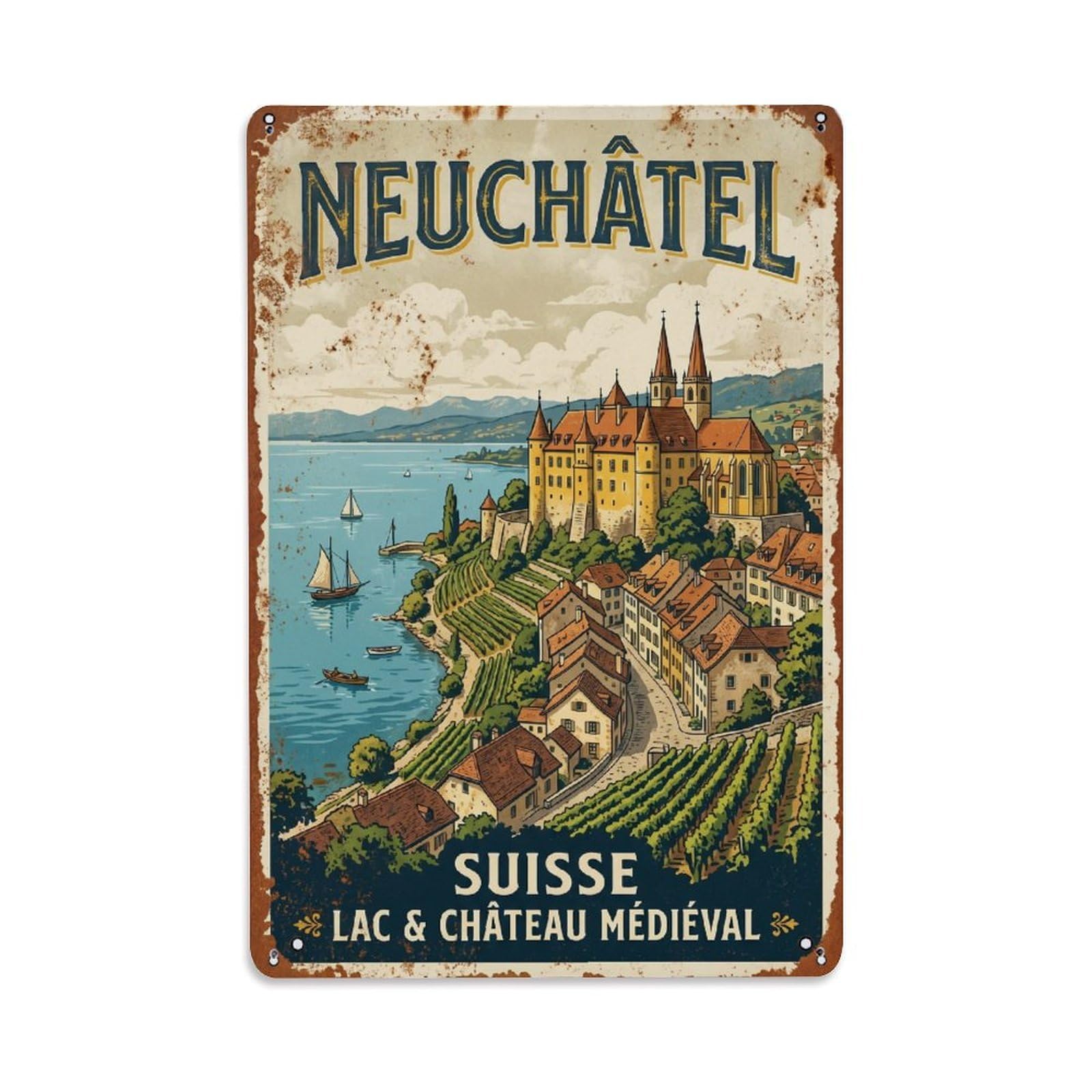 Vintage Travel Neuchatel Switzerland Metal Tin Sign Wall Decor for Cafe, Club, Garden Metal Poster 8x12Inch