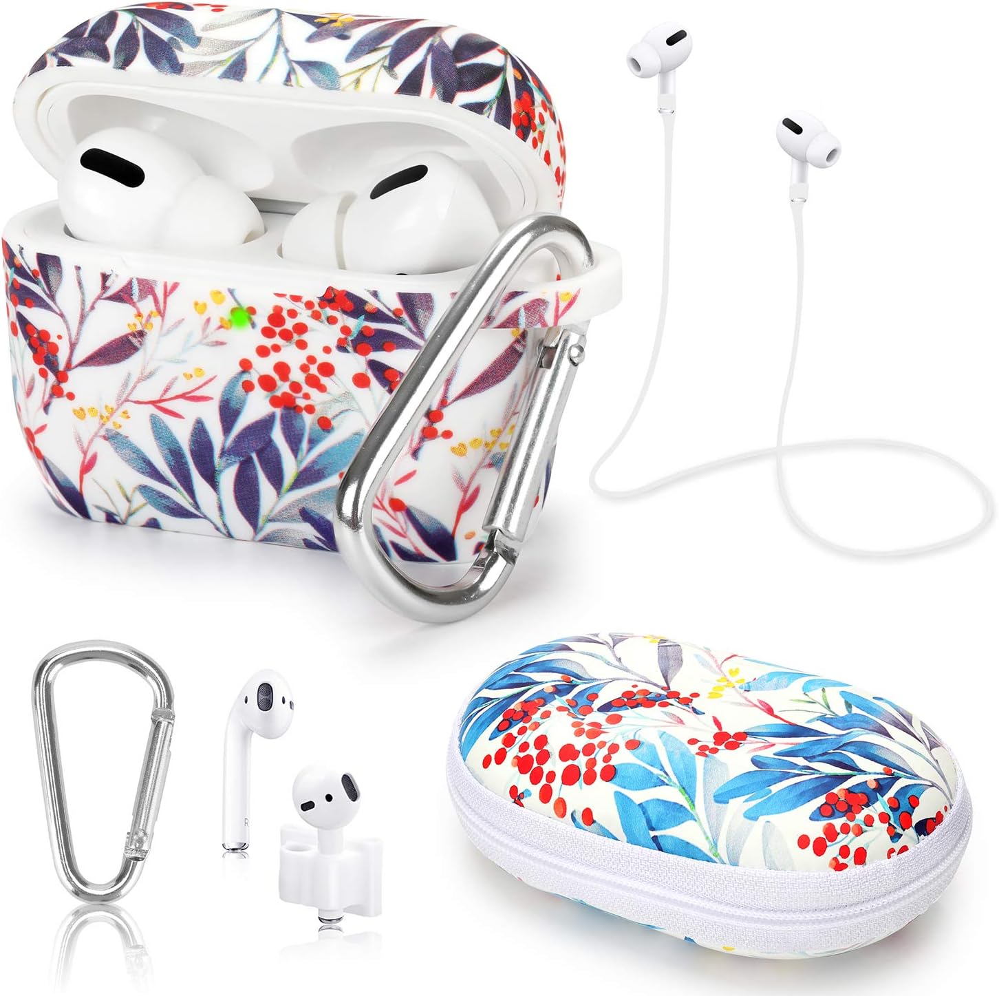Compatible with Air Pods Pro Accessories Set, Filoto Airpod Pro Silicone Cute Case Cover with Portable Keychain/Strap/Band Holder/Hard Carrying Case for Apple Air pods 3 (Red Fruit)