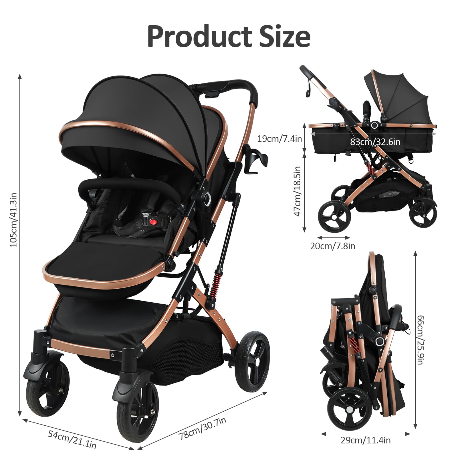 Poussette Nouveau né 2 en 1 avec, Couffin Réversible, Pliable, 0-36 Mois | siège réversible, 3 positions inclinables, pliable une main, harnais 5 points, UPF, amortisseurs, 40kg, Siège Hauteur 50cm