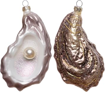 Set of 2 Hand Blown Glass Oyster Ornament for Christmas Tree