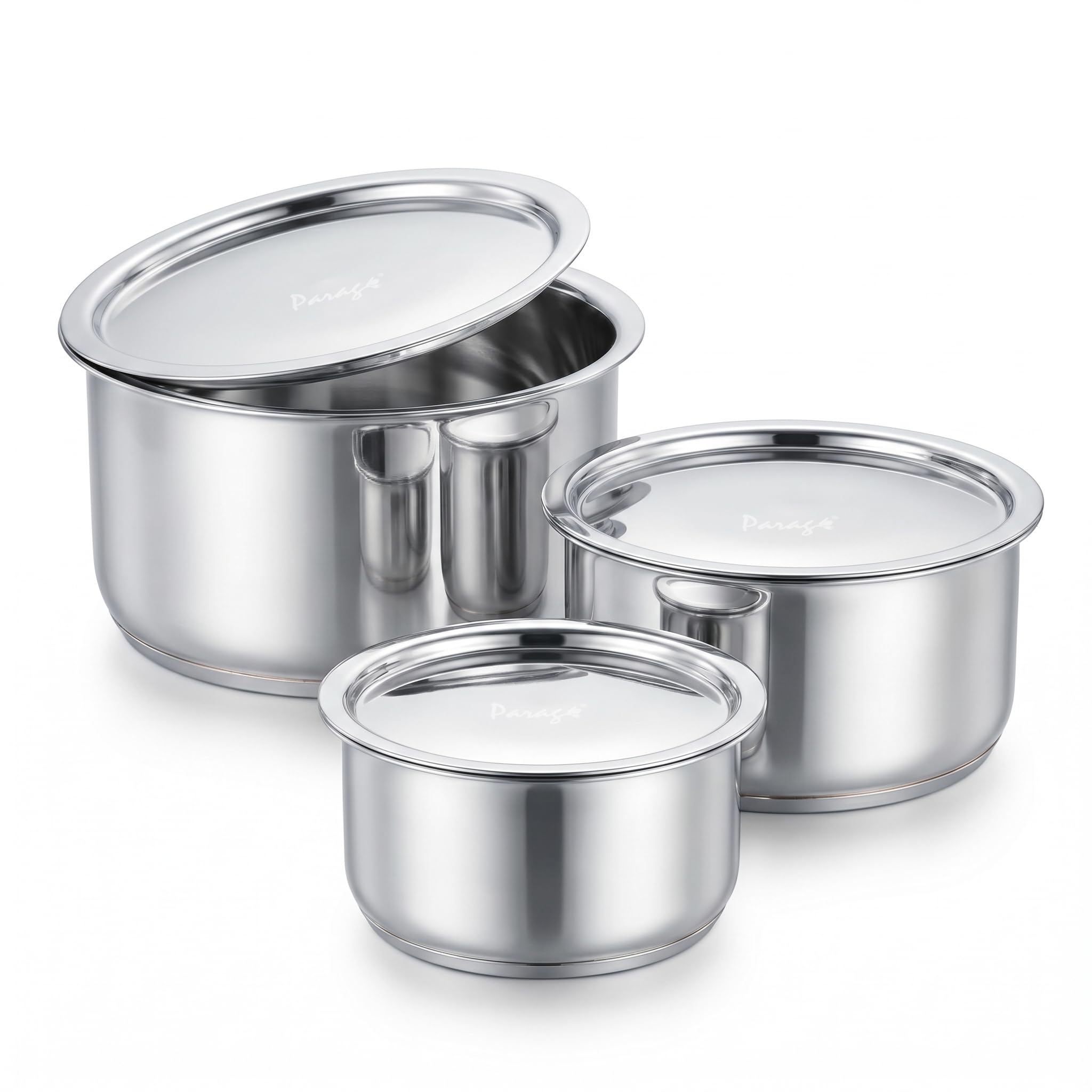 Parage 3 Pieces Tri-Bond Stainless Steel Tope Set with Lid, 1 L, 1.3 L & 2 Liter, Tri-Ply Bottom Patila, Bhagona/Bhigona Set for Gas & Induction Compatible, Boiling Cooking Pots (Size No. 11, 12 & 13)-image-26